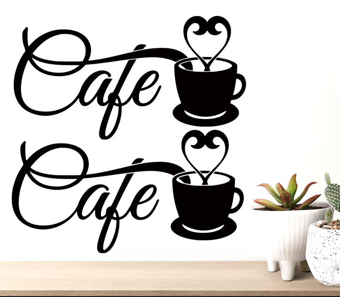 CAFE Coffee Cup Two 8" Indoor Matte Black Vinyl Decals Wall Mirror Cupboard