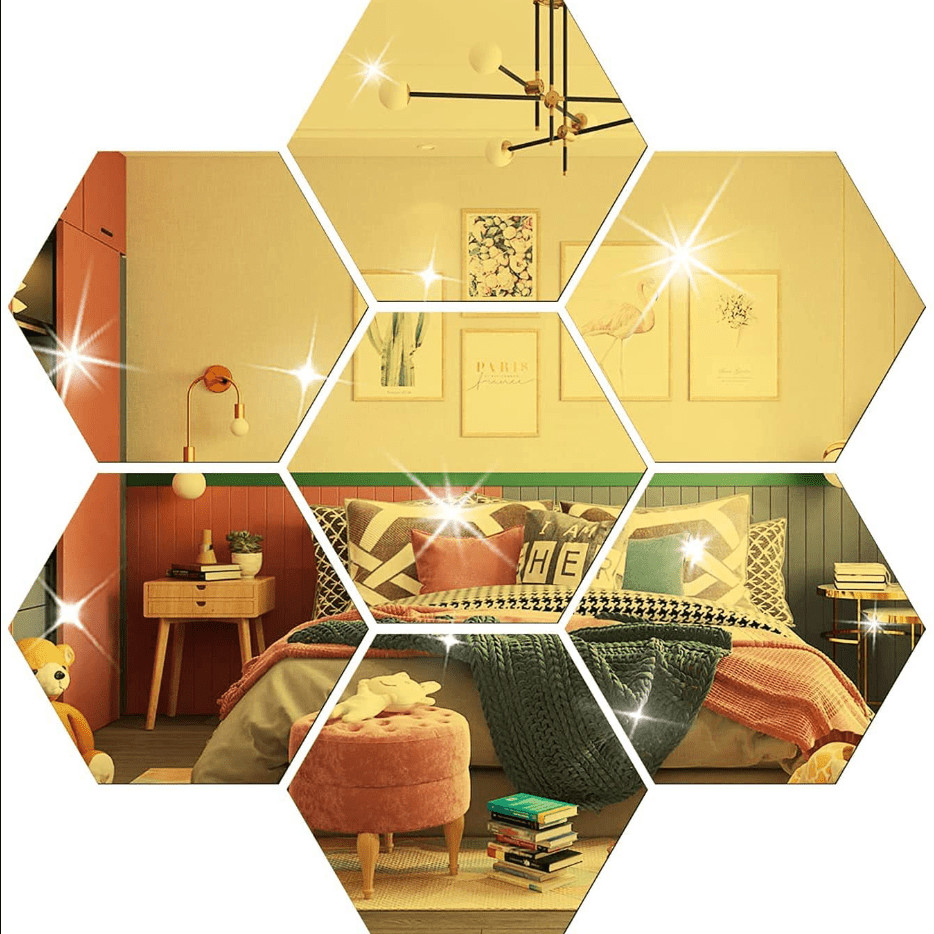 12Pcs Self Adhesive Hexagonal Gold Acrylic Mirror Wall Tiles for Home Room Decor