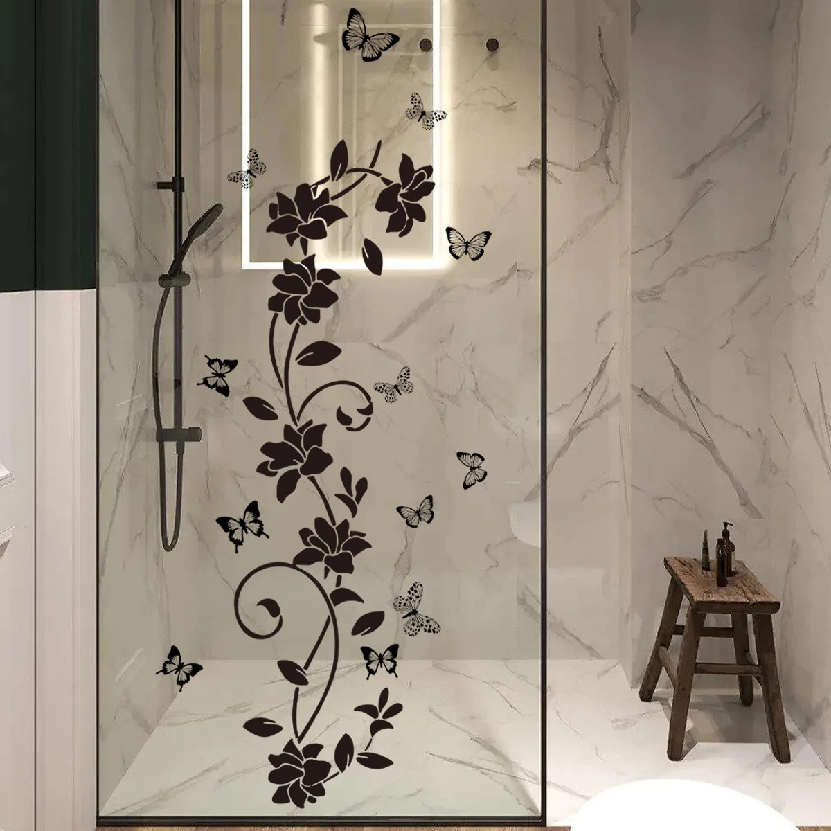 Pink Rose Black Butterfly Glass Clings Double-Sided Window Film Bathroom Decor