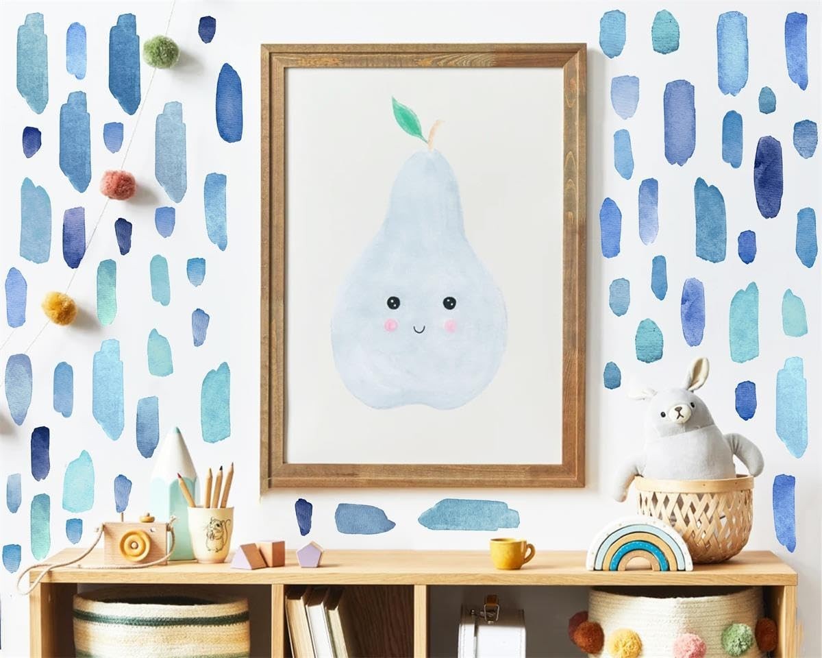 Boho Watercolor Wall Stickers – Removable Blue Stripes Decals for Kids' Room, Nu
