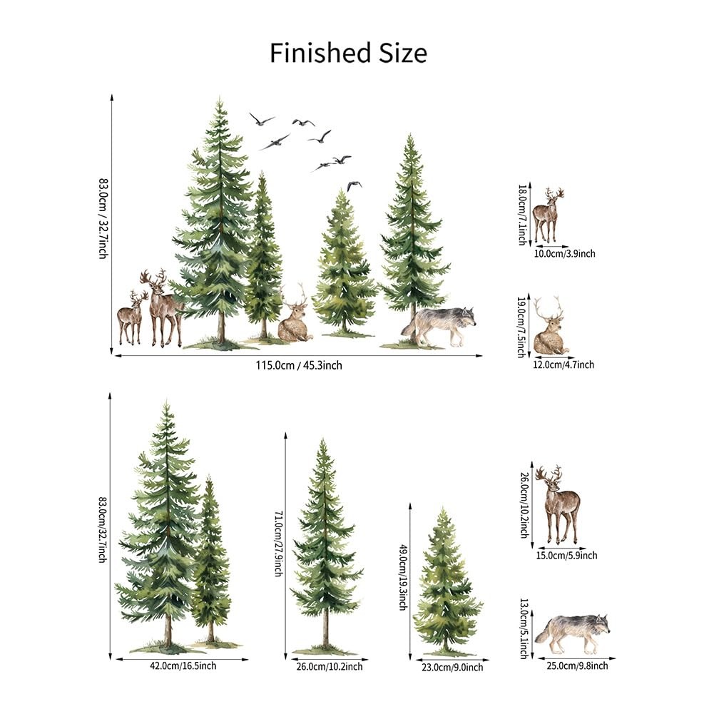 Green Pine Tree Wall Sticker Woodland Animals Wall Decal Peel and Stick Fores…