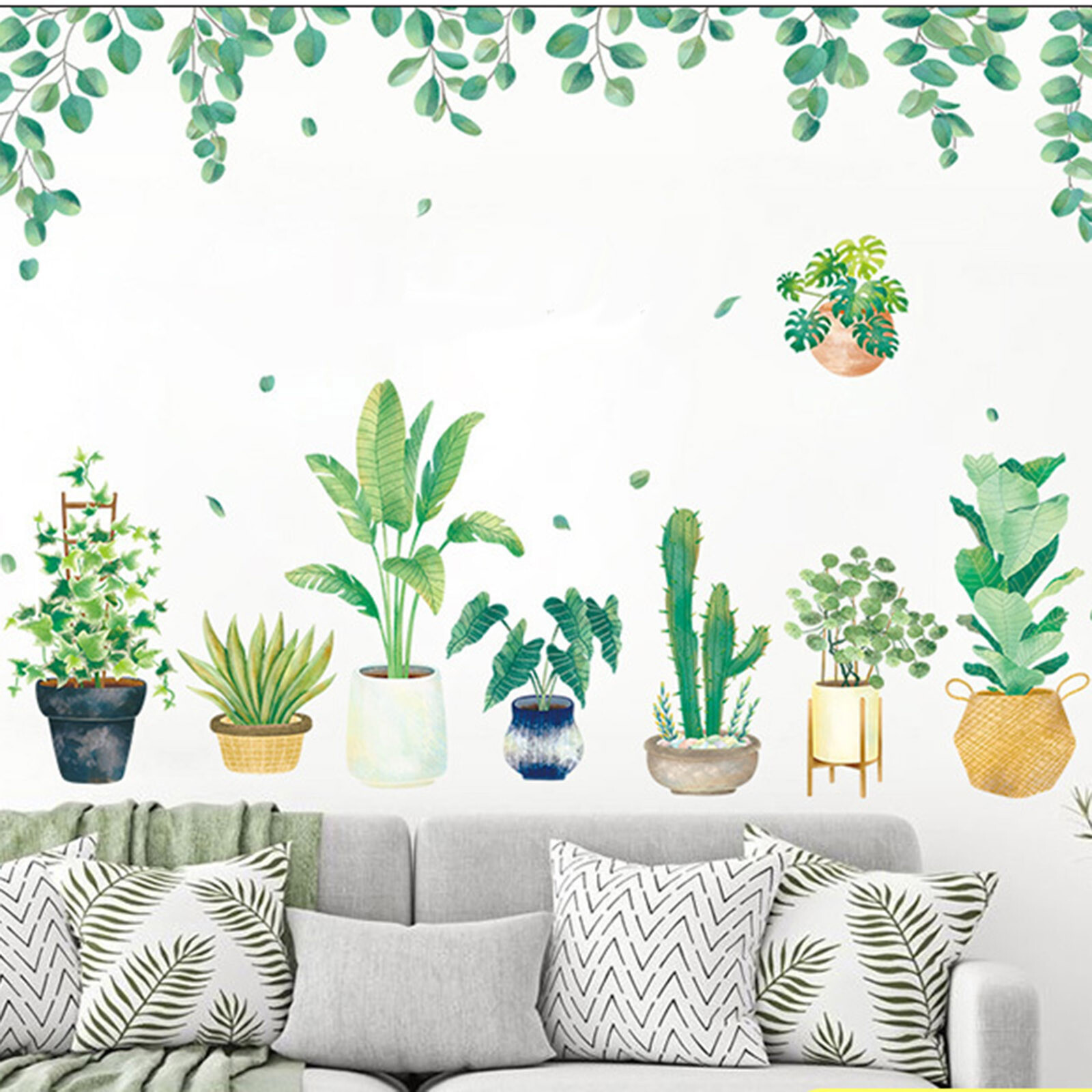 Green Potted Plants WALL STICKER Hanging Leaves Removable PVC Living Room Home
