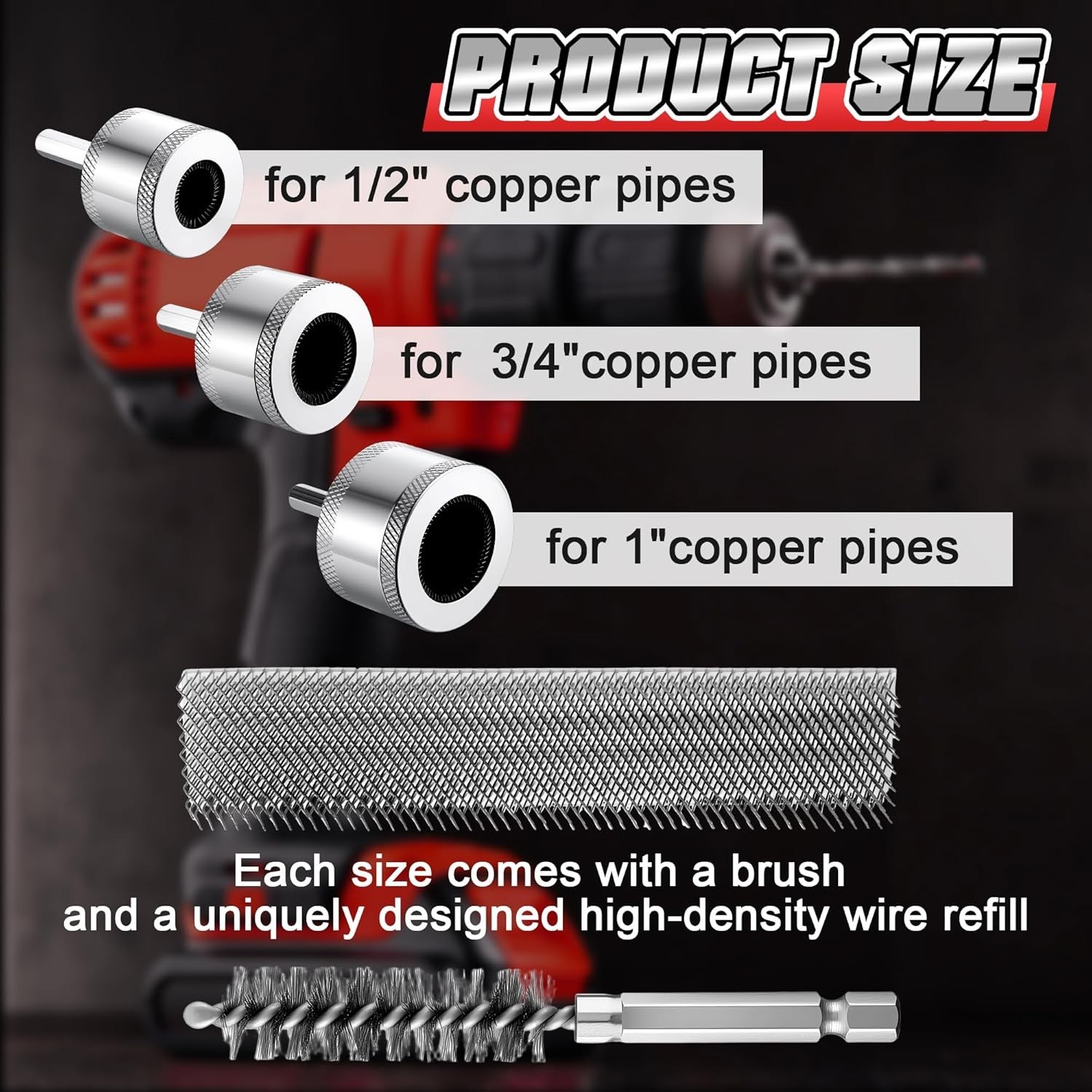 1/2"&3/4"&1" Copper Pipe Cleaner for Drill with 1/4" Hex Shank & Brush Blades &