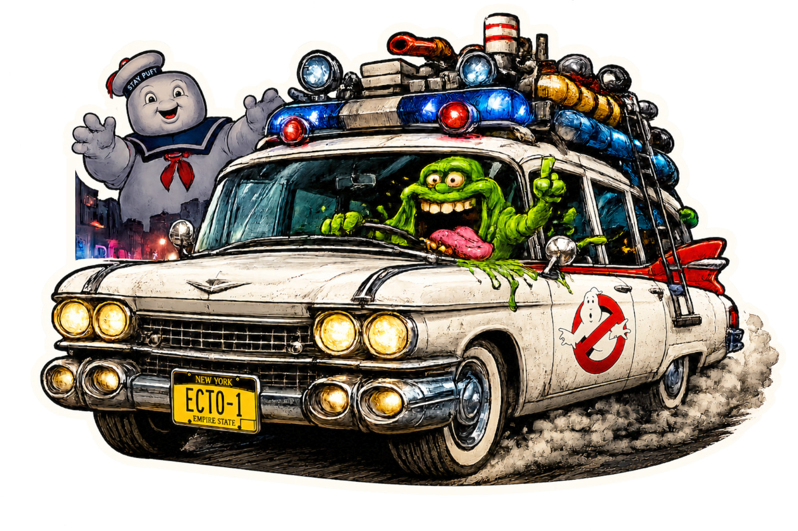 Ghostbusters Ecto-1 Slimer Stay Puft Vinyl Sticker Retro Movie Car Decal
