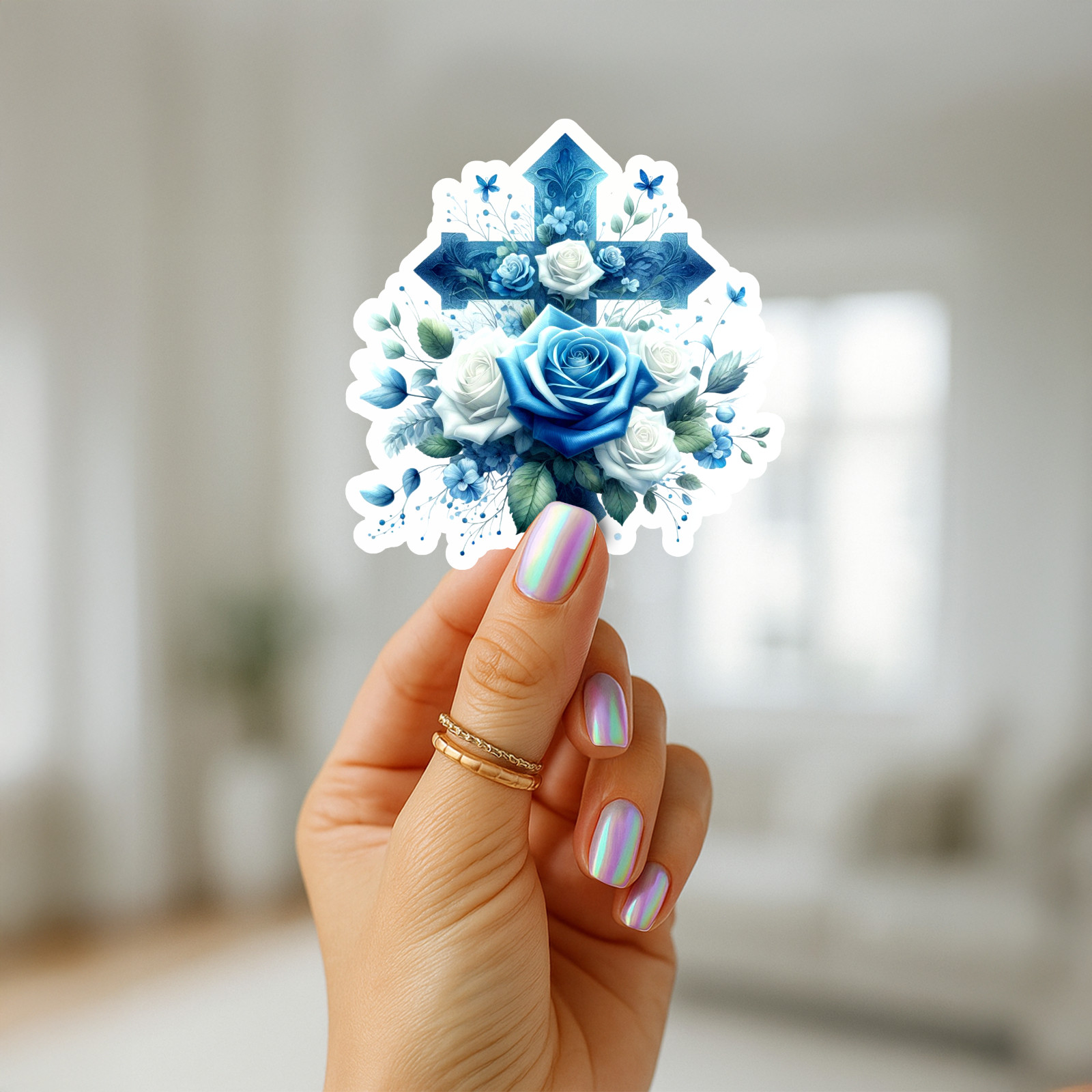 Blue & White Roses Cross Vinyl Sticker Religious Floral Waterproof Glossy Decal