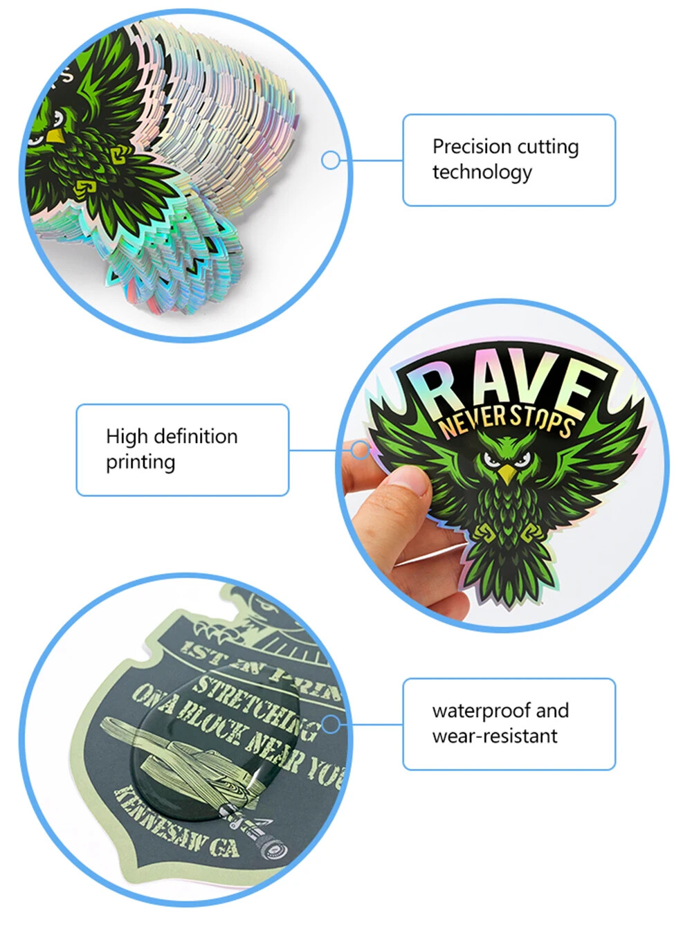 100 Holographic Stickers Custom Logo Name Waterproof Laser Silver Die Cut Vinyl
