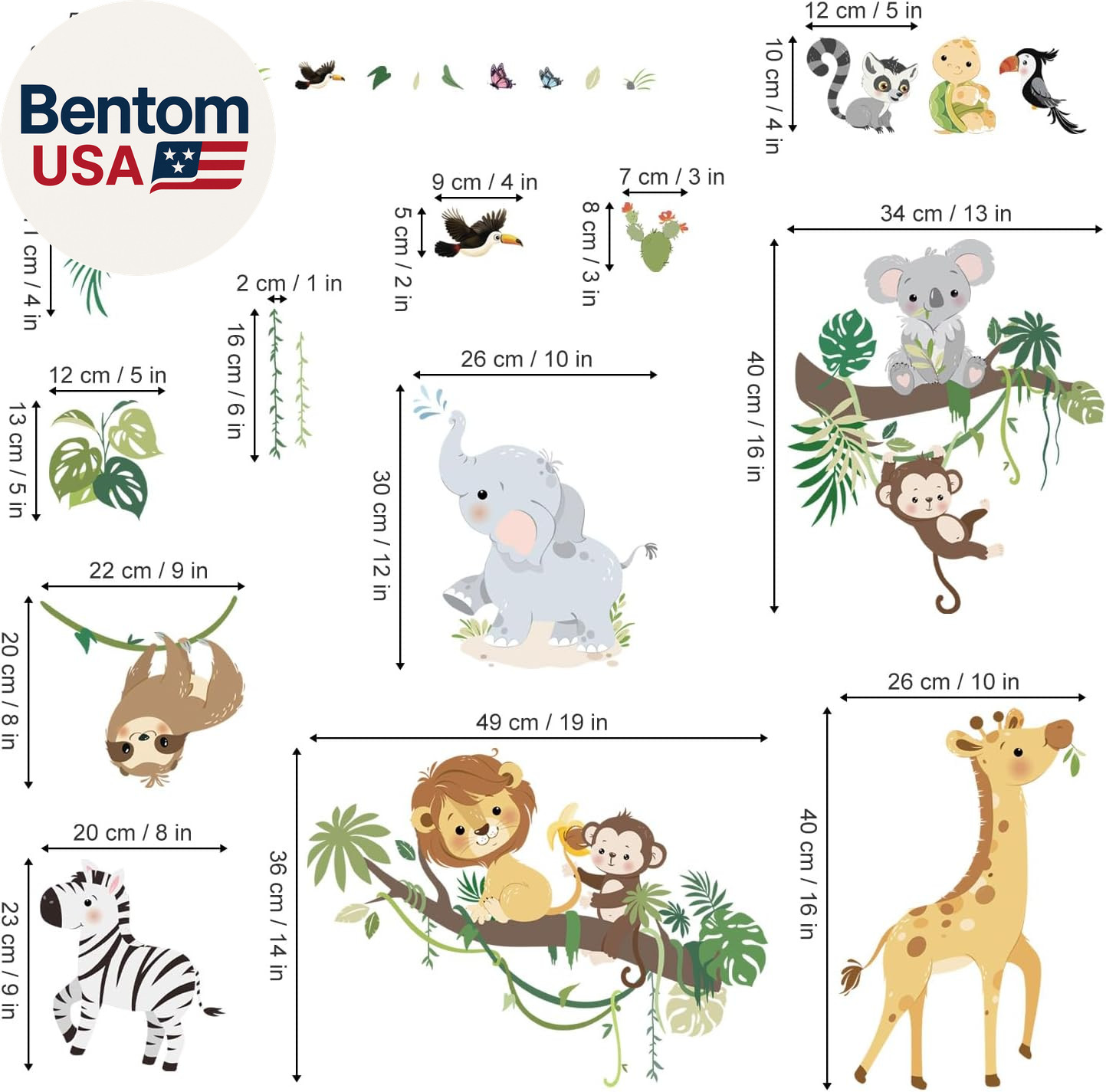 Jungle Animals Tree Branch Wall Decals Safari Monkey Giraffe Lion Wall Stickers