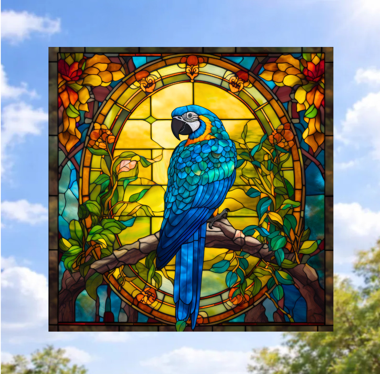 Blue Macaw Parrot Faux Stained-Glass WINDOW CLING Size 8" Square Vinyl