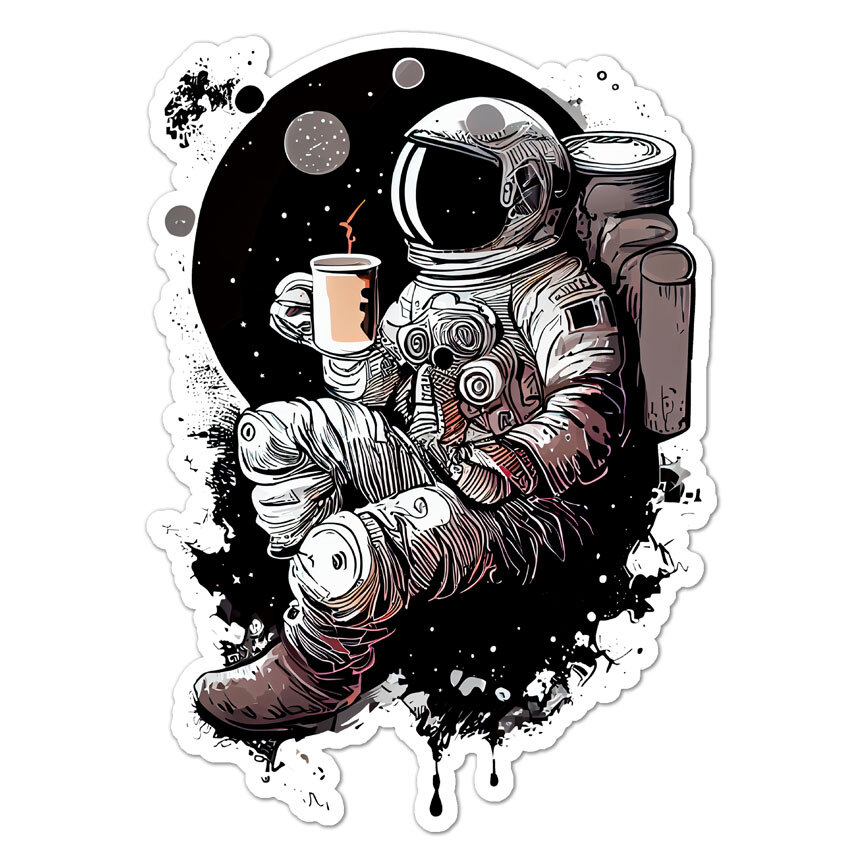 Astronaut Coffee, Vinyl Decal Sticker, Indoor Outdoor, 3 Sizes, #9375