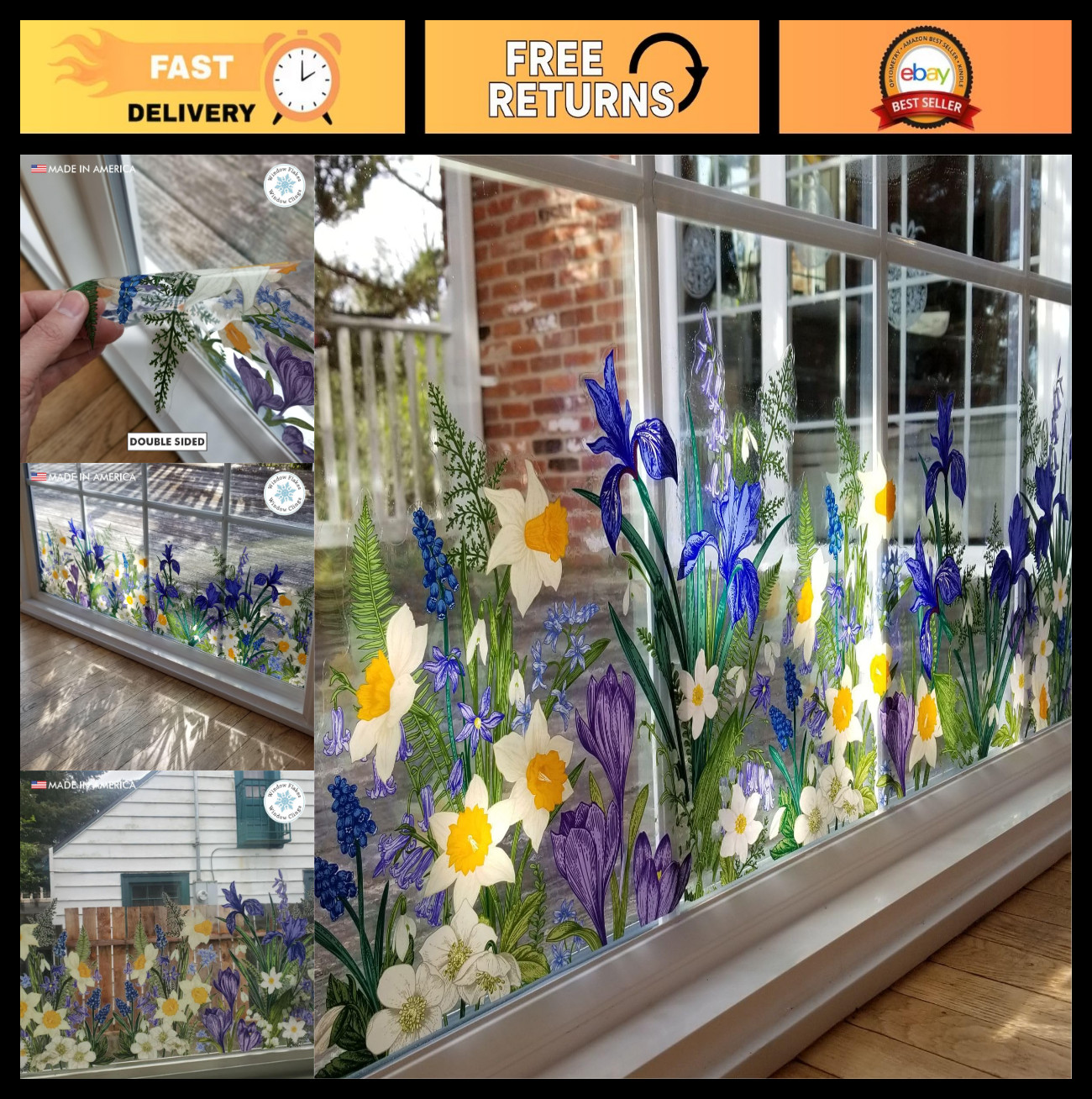 Spring Flower Window Cling Border – Double-Sided Static Decal for Glass – Bird S