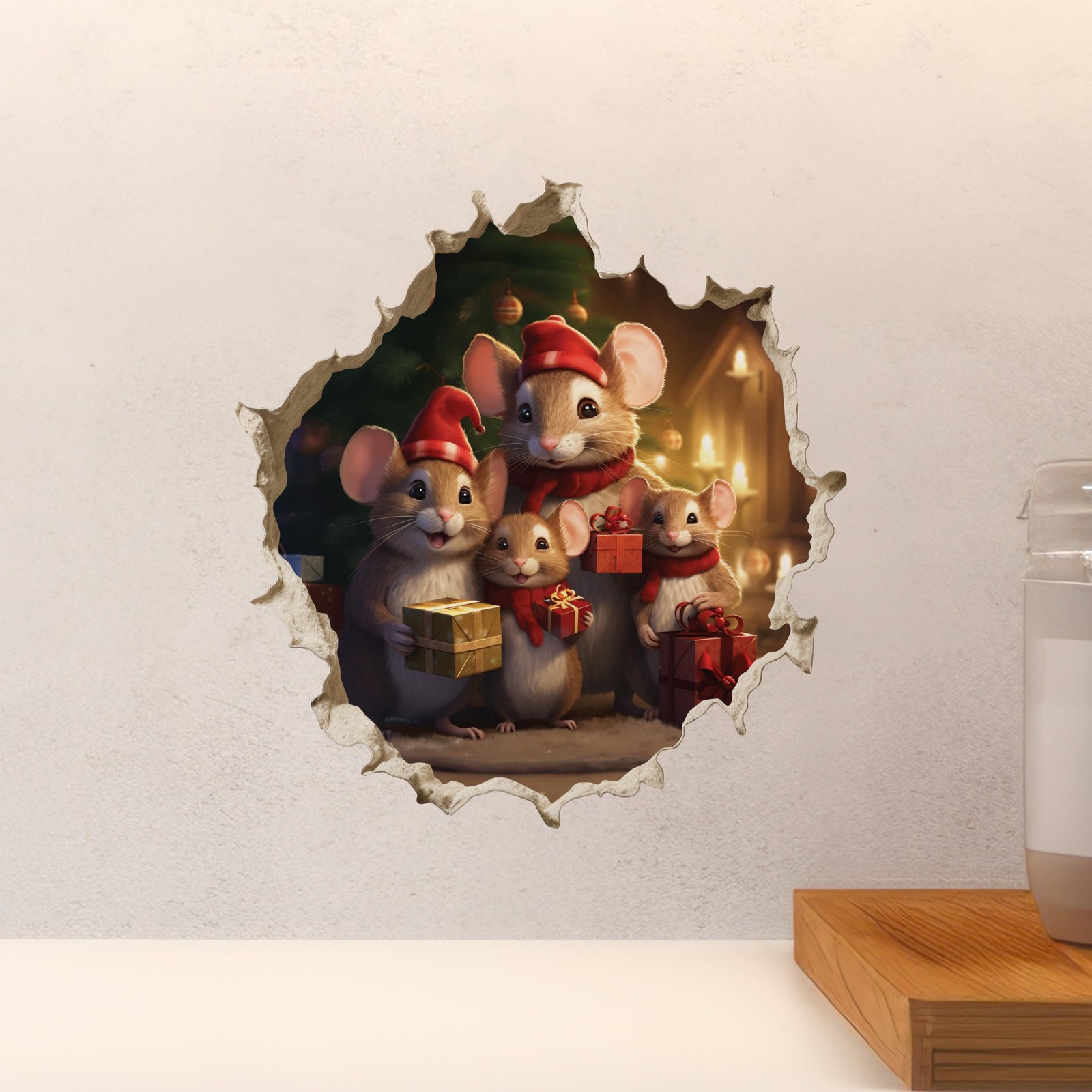 My Wonderful Walls Christmas Family Mouse Hole Decal 3D Effect 5×5 Multi