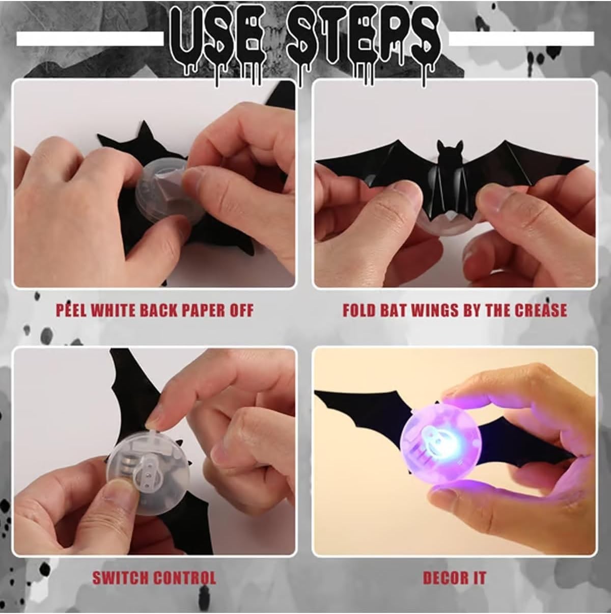Halloween LED Bats Light Wall Decor RGB Stickers Glow in The Dark Party 3D Black