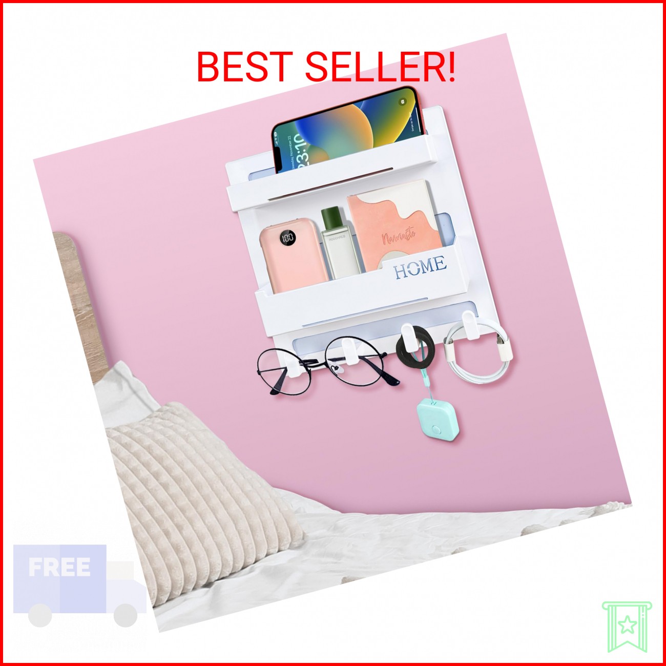 CHENYAOAI Bedside Shelf Accessories Organizer, Wall Mount Self Stick On, Cute Ro
