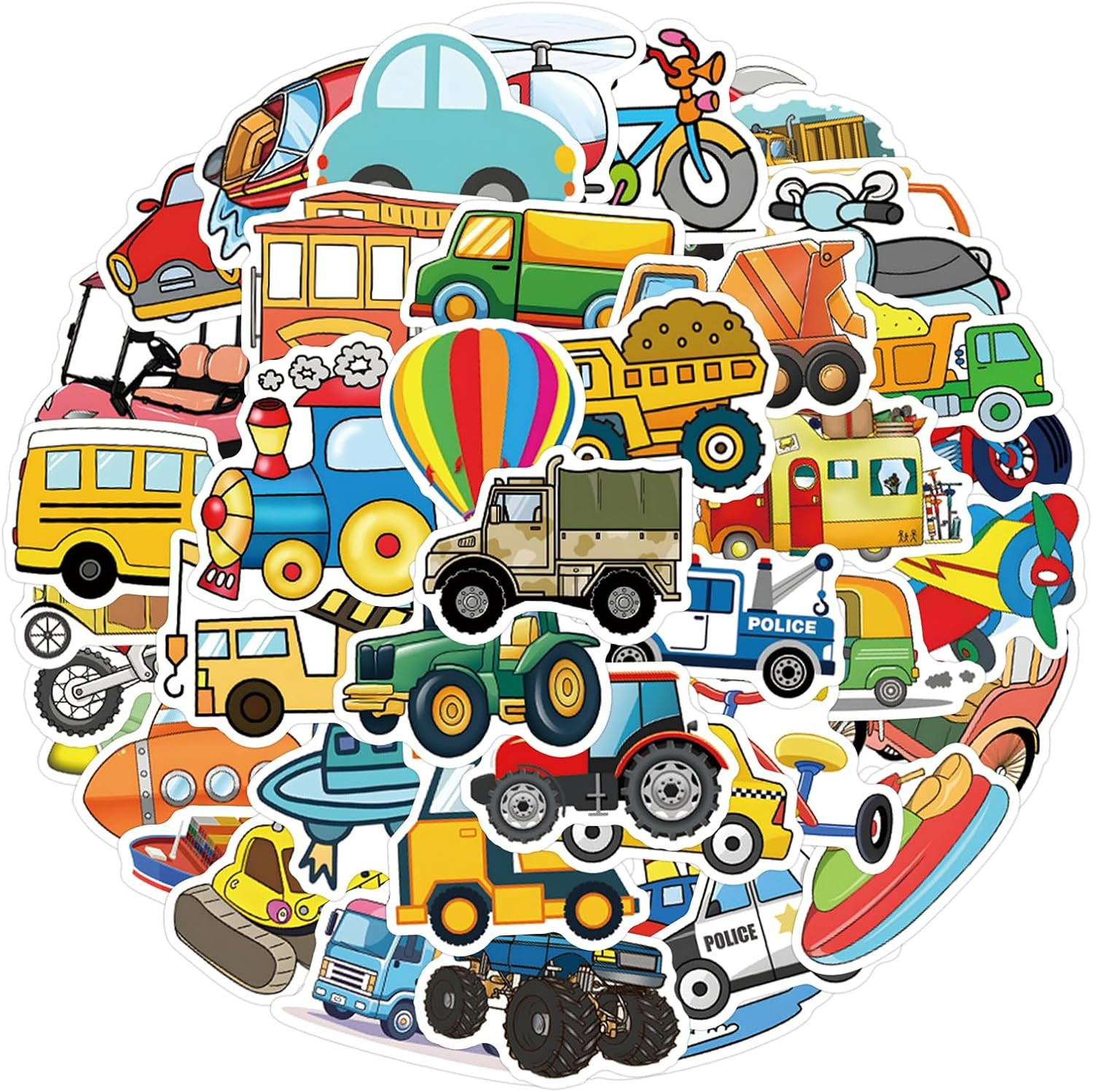 55PCS Cartoon Vehicle Stickers – Cars, Buses, Planes, Ships for Kids & Teens