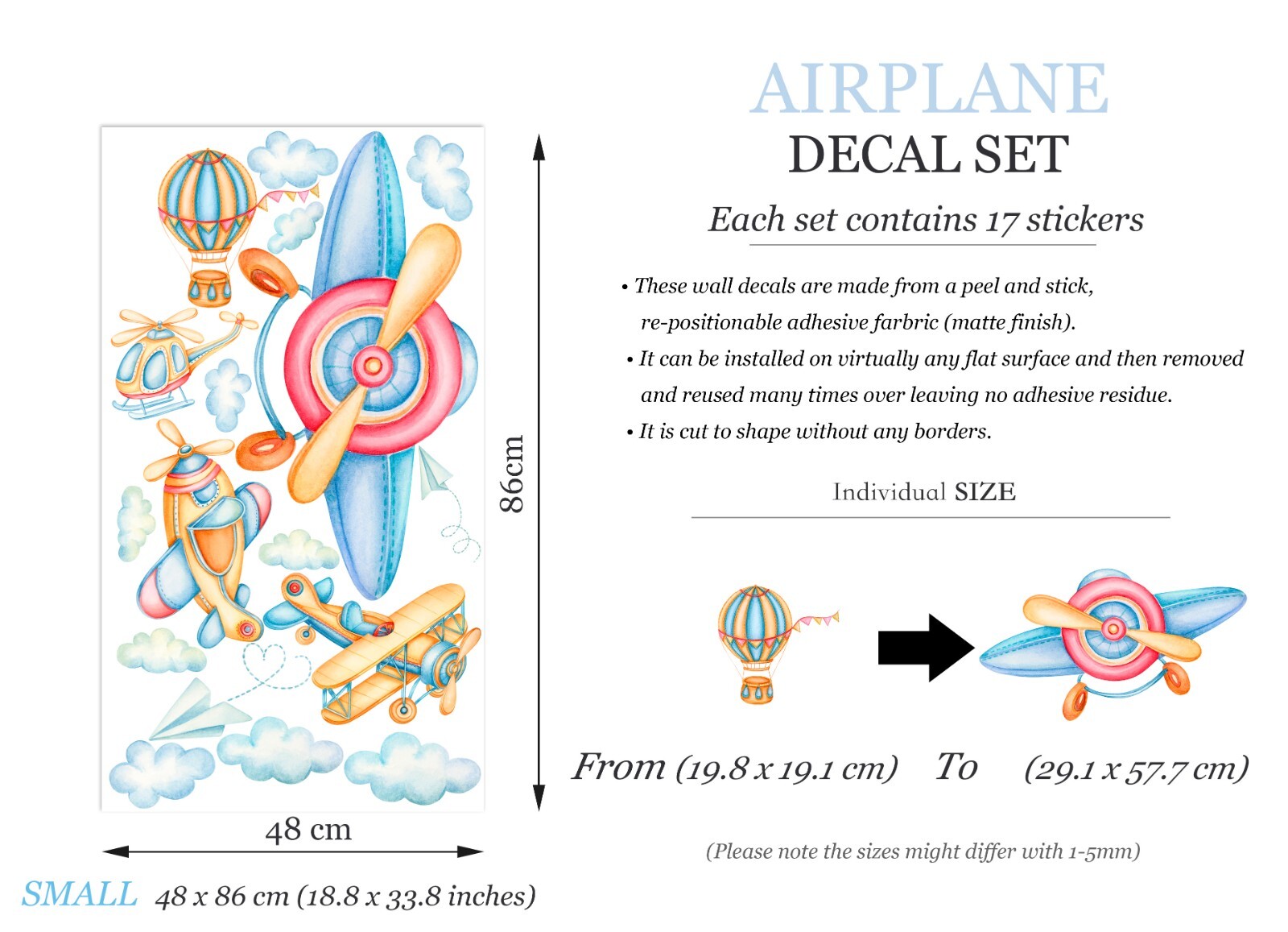 Sky World Airplane Helicopter Cloud Boys bedroom Wall Decal Sticker Decor