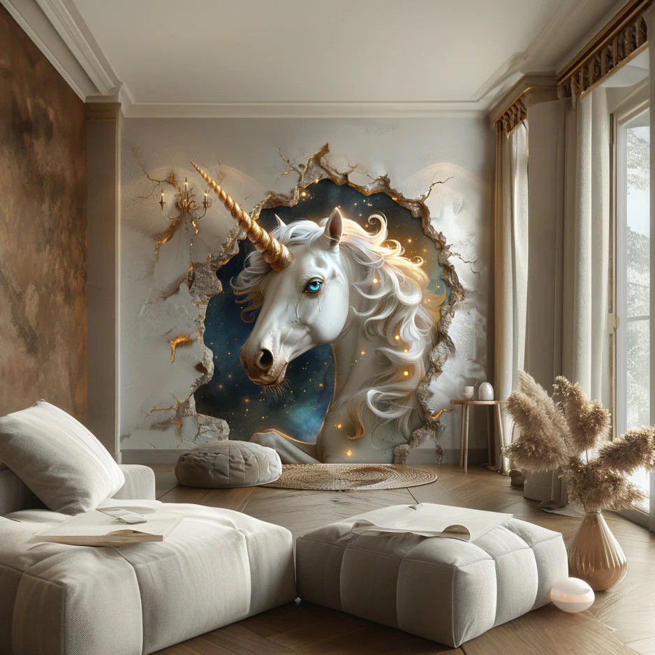 3D Fantasy Unicorn Wall Decal Sticker – Enchanted Unicorn Breaking Through Wall