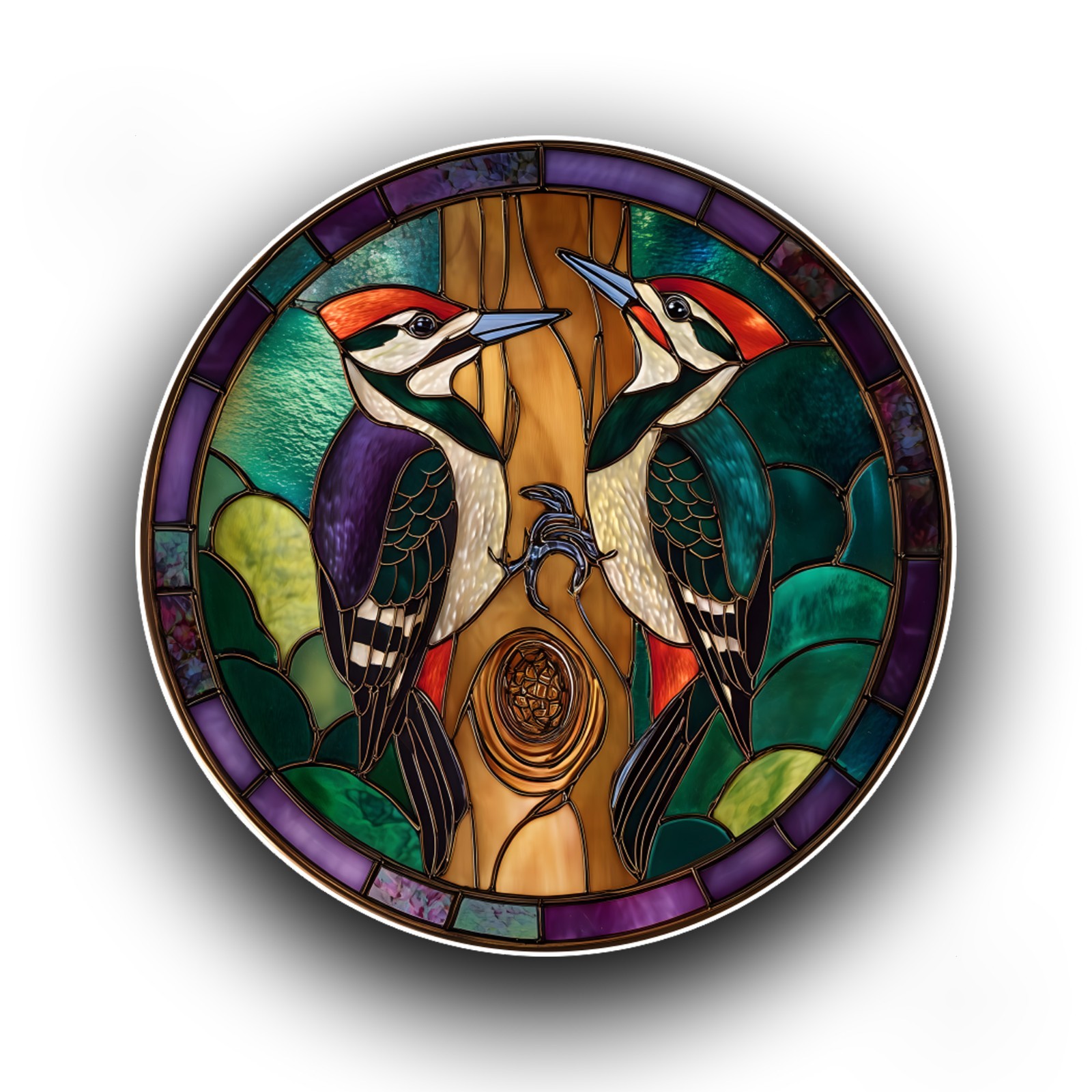 Woodpecker Bird Couple Stained Glass Window Opaque Vinyl Sticker Decal