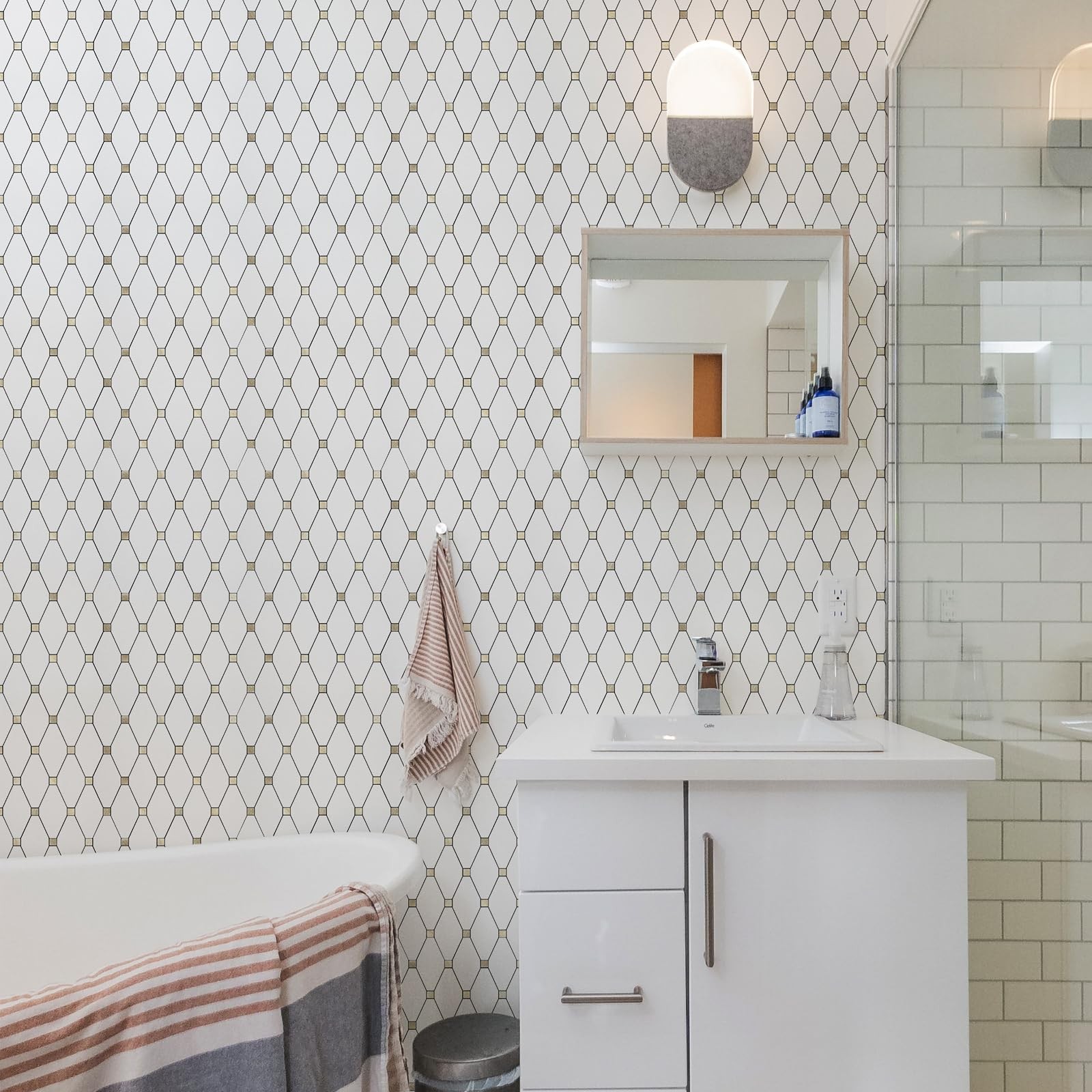 10 Sheets Peel and Stick Backsplash, Pure White Marble Look PVC Mixed Metal G…