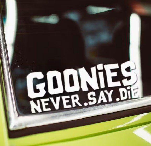 Goonies Never Say Die White vinyl decal sticker 80's 5" Long