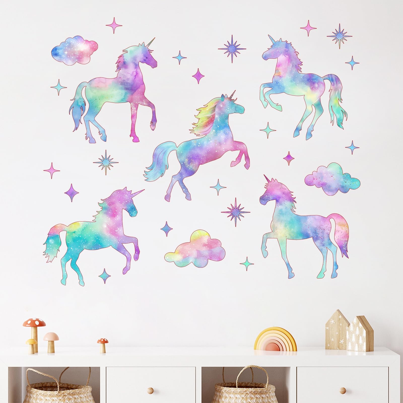 Galaxy Unicorn Wall Decals Stickers, Pastel Gradient Glitter Clouds Stars Nur…
