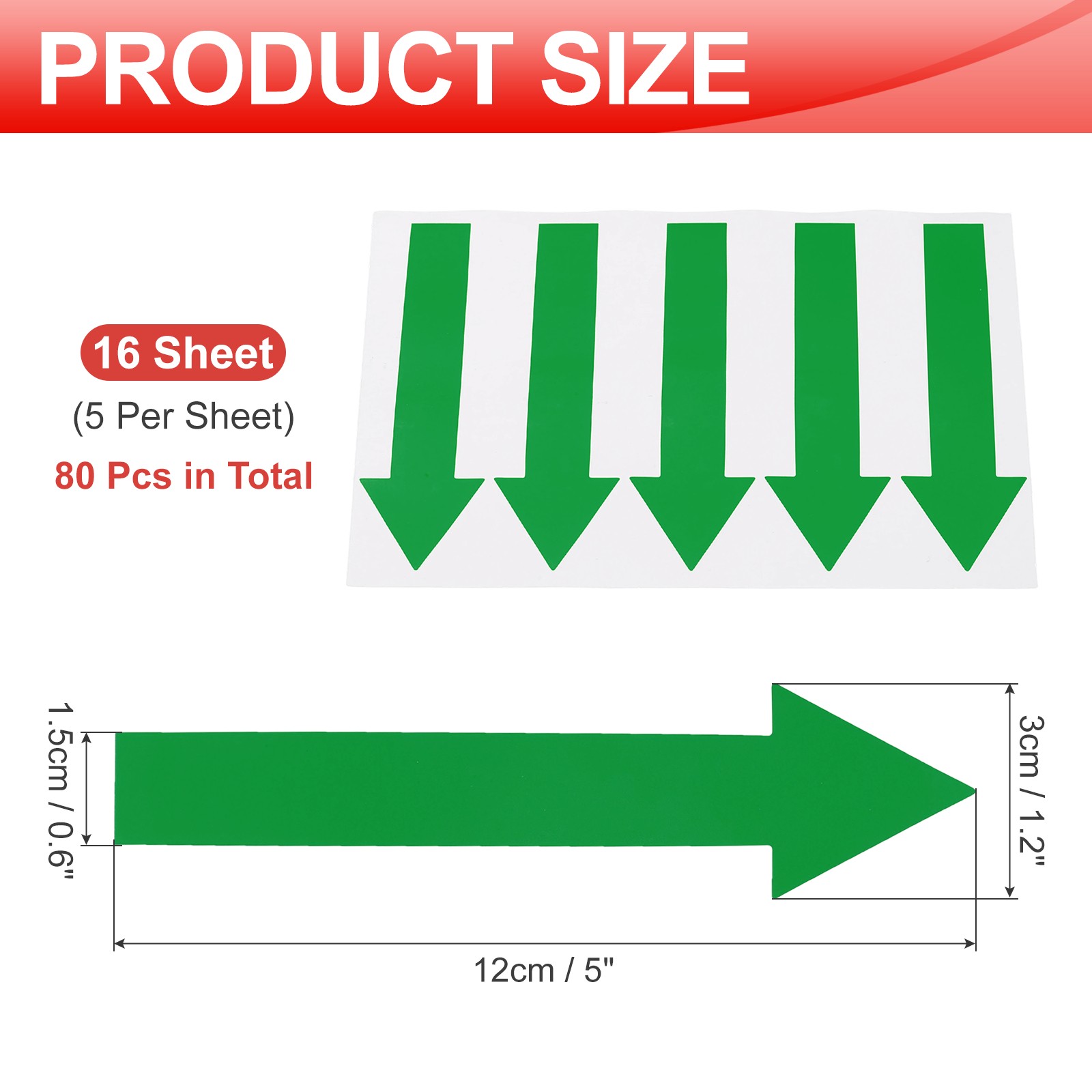 Arrow Sticker, (5×1.2 Inch, Green) (80 Pcs), Waterproof Arrow Sign Sticker