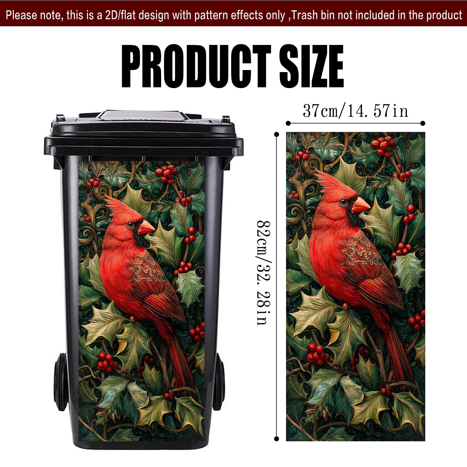 Red Cardinal in Holly Garbage Can Stickers, PVC, 14.57×32.28 Inches – Trash C…