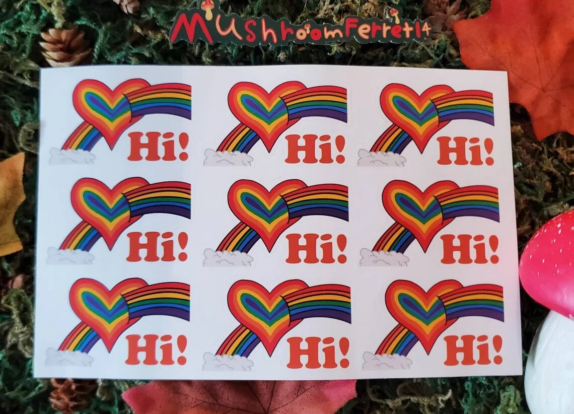 Handmade "Rainbow Love, Hi!" die cut stickers/seals. See description!