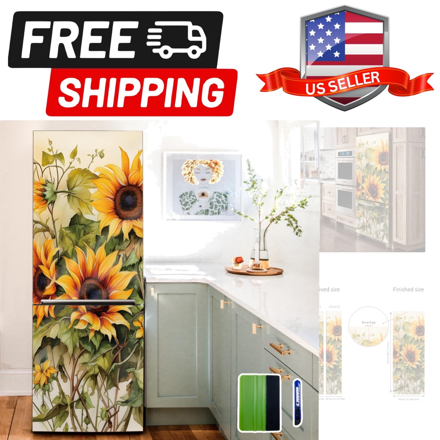 Vintage Self-Adhesive Fridge Door Mural with Tools for Kitchen, 11.25" x64.17…