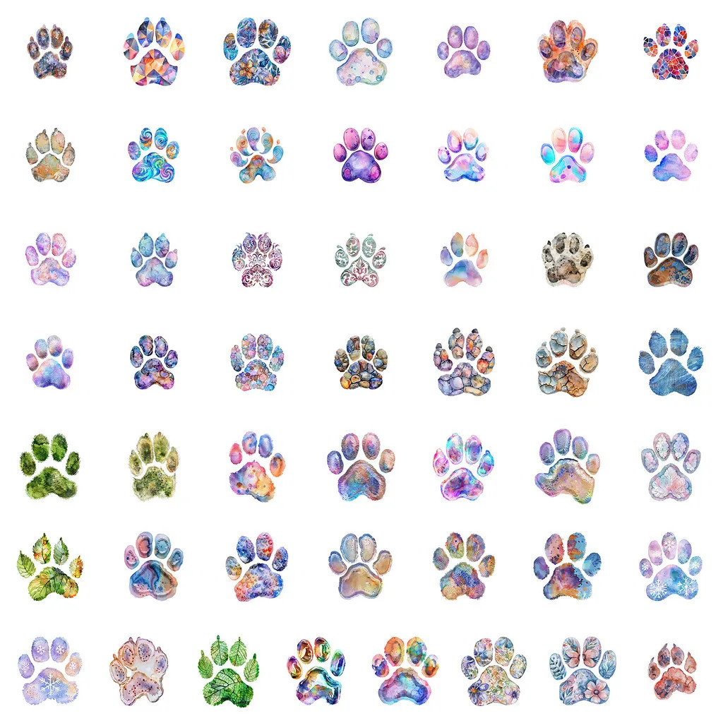 50PCS Watercolor Paw Print Graffiti Stickers – Cartoon Cat Footprint Decor for W
