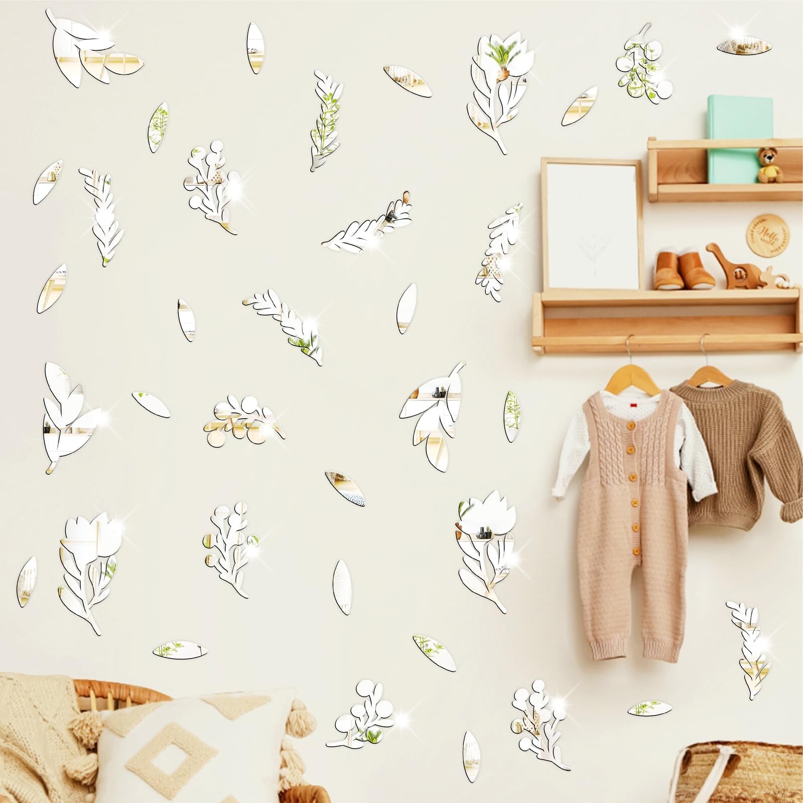 Floral Leaf Wall Stickers Decor Acrylic Mirror Stickers for Walls 3D Silver M…