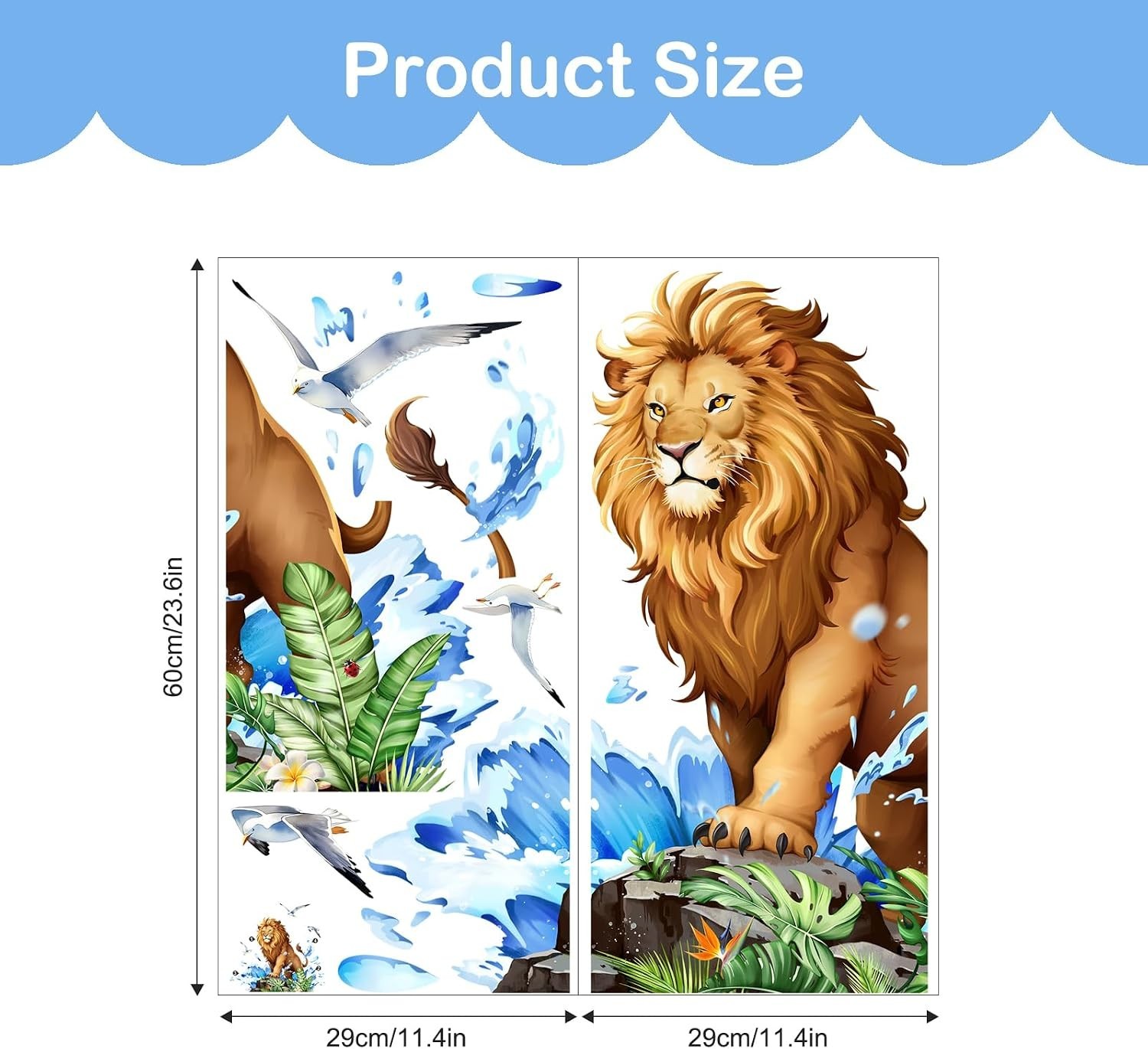 Lion Wall Decals Safari Animal Wall Sticker with Leaves Waves | Peel and Stic…