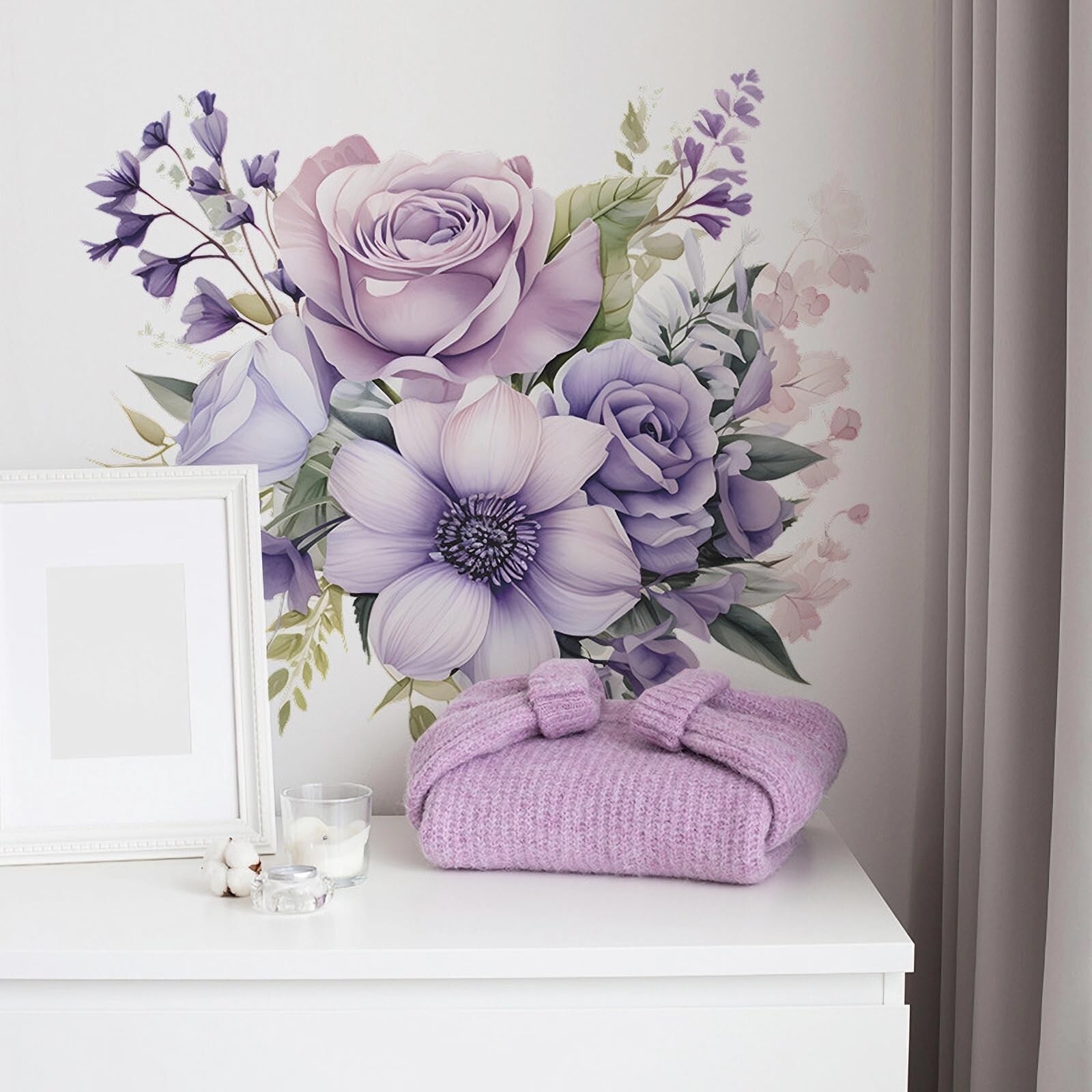 Purple Rose Daisy Flower Wall Stickers, sacinora Watercolor Romantic Floral A…