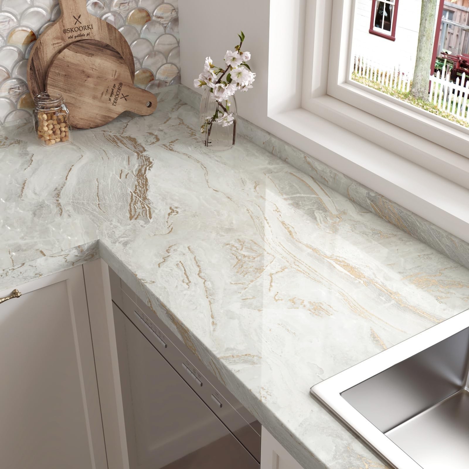 Beige/Gold Marble Contact Paper Peel and Stick Countertop Shiny Marble Counte…