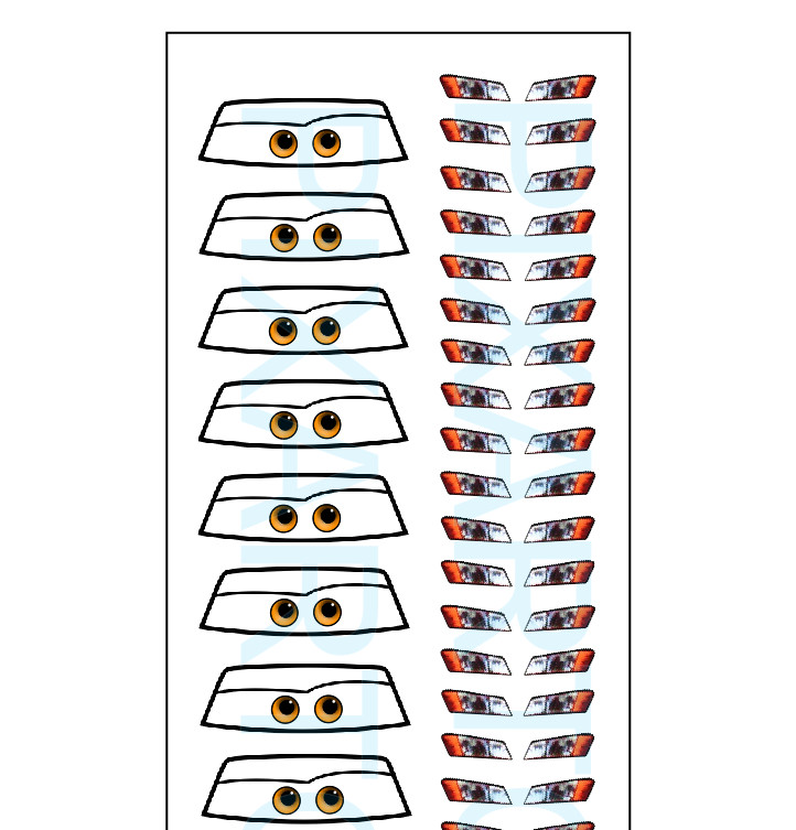 W-230 DISNEY CARS LIGHTNING MCQUEEN ORANGE EYES HEADLAMPS TAIL LIGHTS DECAL SET