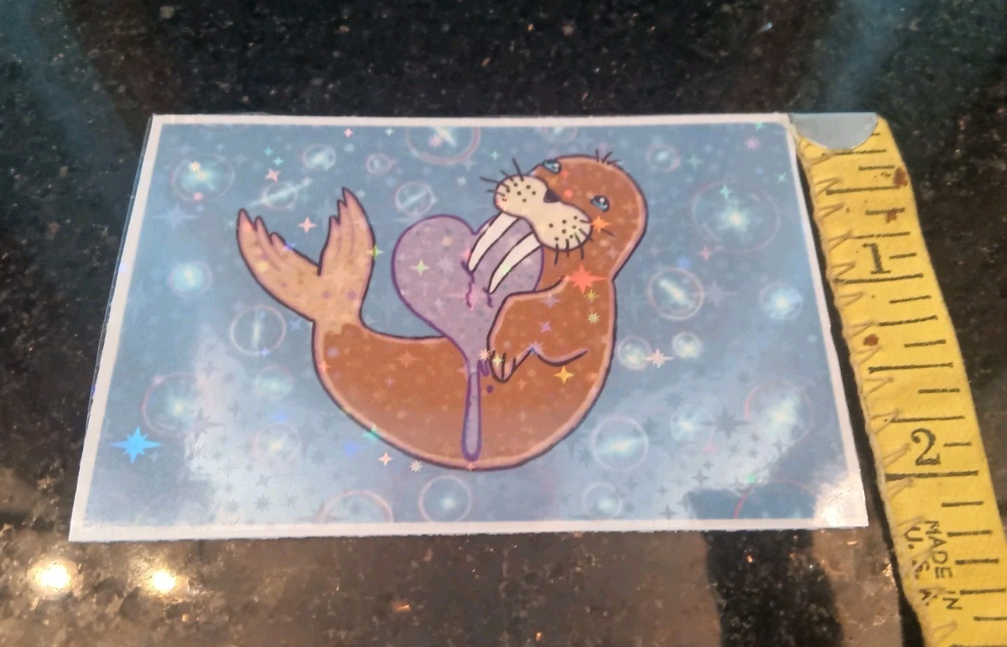 " I Love Walruses" Sticker Heart Holographic Star Lamenated 3 1/2" X 2 1/2"