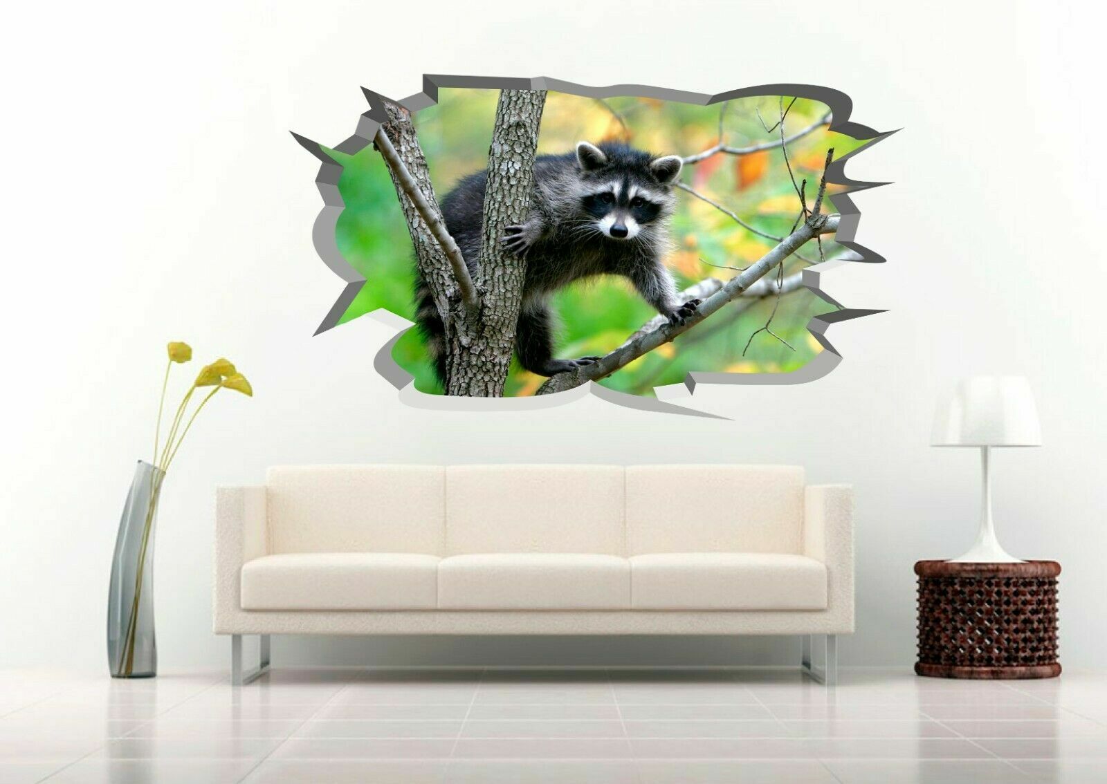 Raccoon on Tree 3D Crack Hole Wall Decal Vinyl Sticker Mural Art Decor