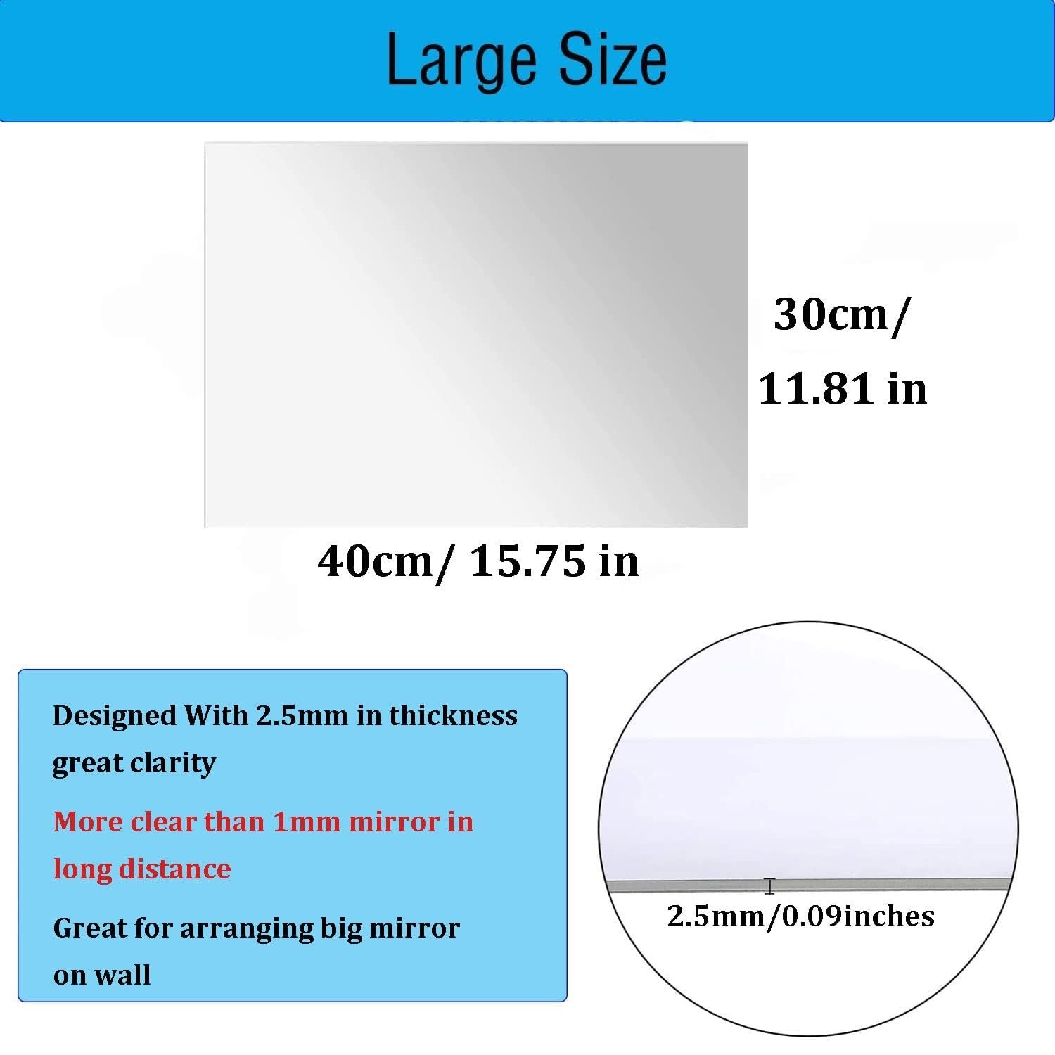 16"x12" Acrylic Mirror Sheet – Flexible Self-Adhesive Wall Decor, Non-Glass Tile