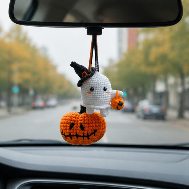 Handmade Crochet Halloween Car Charm, Ghost Pumpkin Hanging, Spooky Gift