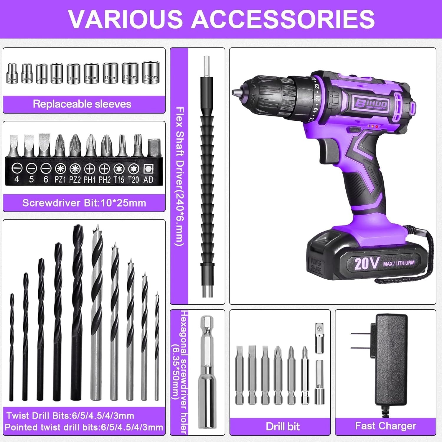 Purple Cordless Drill Set,20V Drill Driver with Battery and Charger,3/8-Inch …