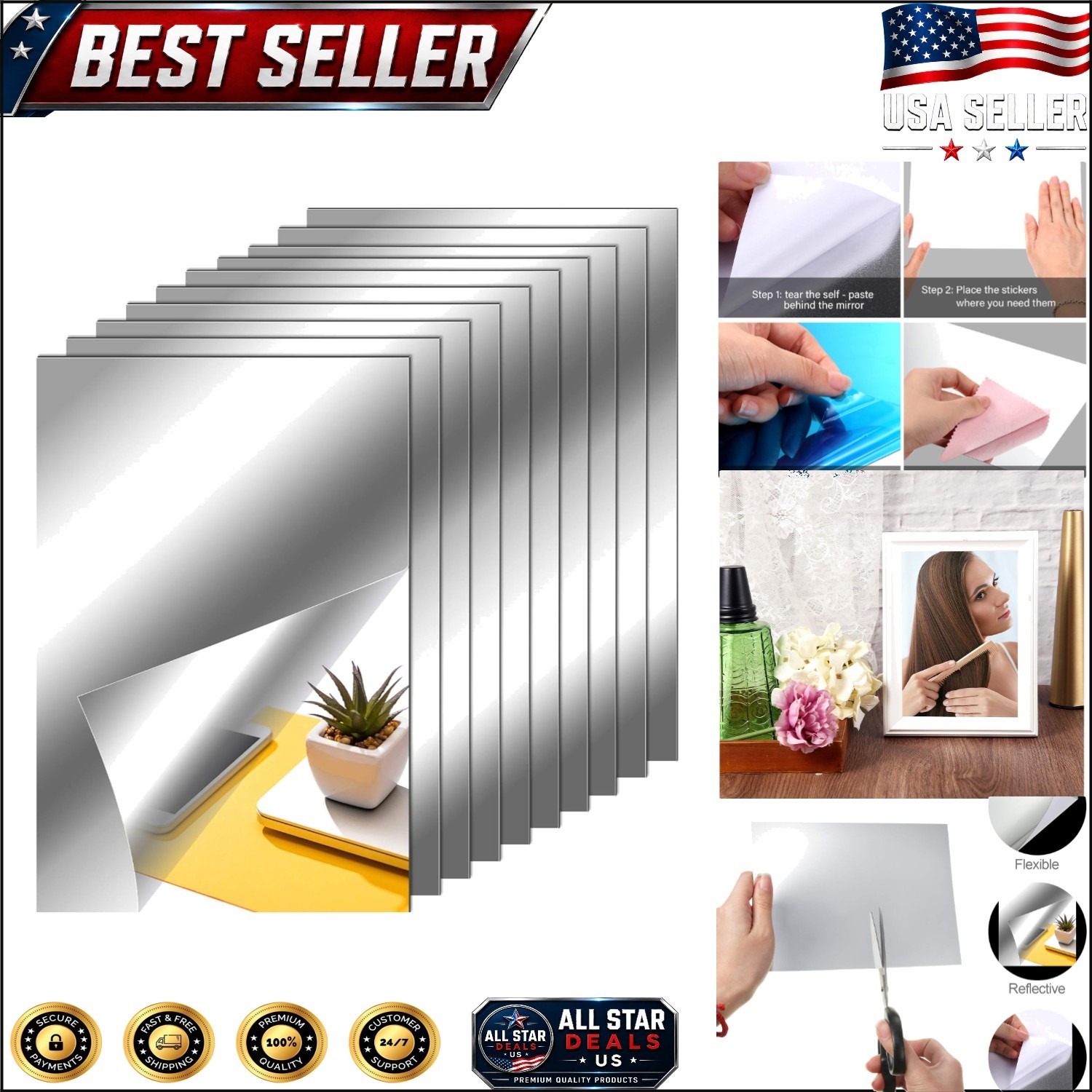 Set of 10 Self-Adhesive Flexible Mirror Sheets for Stylish Home Decor – 6×9 in.