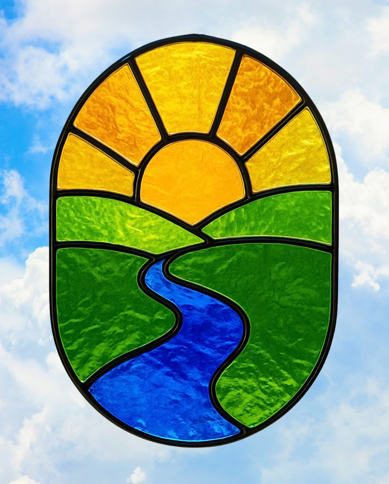 Sun River Faux Stained-Glass WINDOW CLING Size 10.6" Oval Repositionable Vinyl
