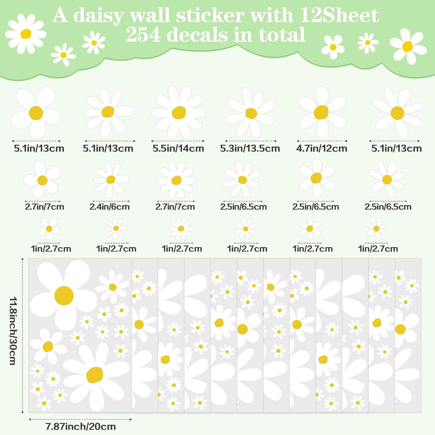 12 Sheets Daisy Wall Decals Boho Flower Wall Stickers Cute Kids Girls Room Decor