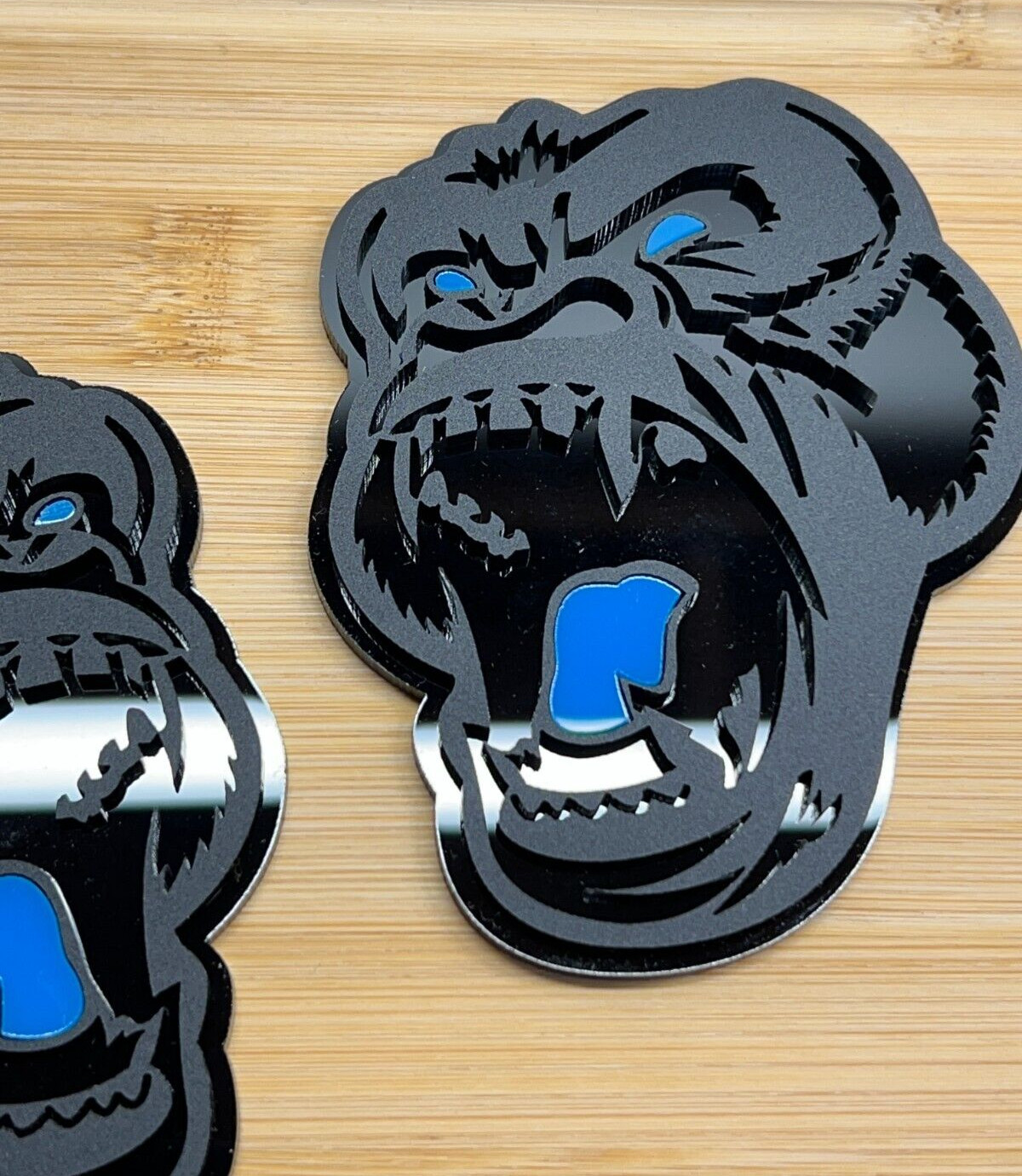 Angry Gorilla L-Blue Eye Car Truck Emblem Badge Matte Black Black Custom PK of 2