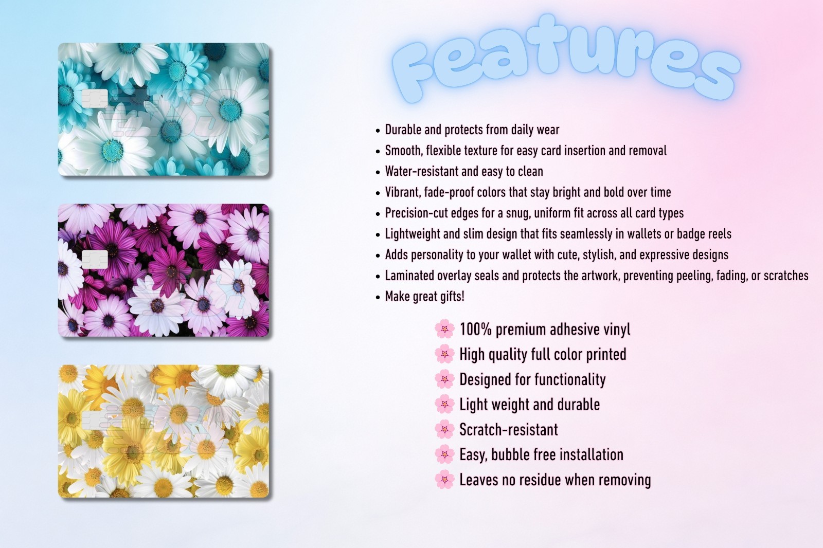 3‑Pack Flower Inspired Card Skins –Vinyl Credit & Debit Card Covers | Durable