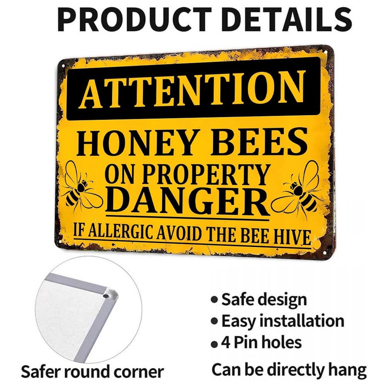 Honey Bee Decor Vintage Metal Sign,Attention Honey Bees On Property Danger Vi…