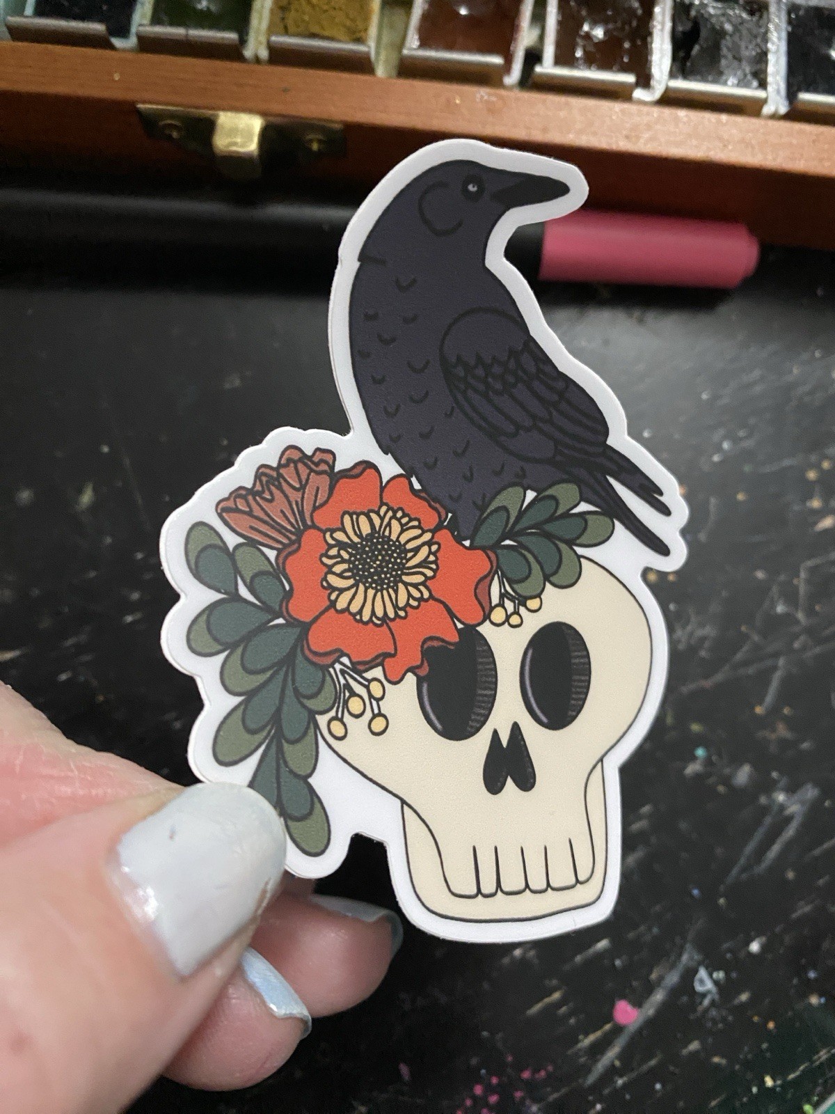Skull and Raven Floral Vinyl Sticker Black White Red Green Yellow DoodleAllADay