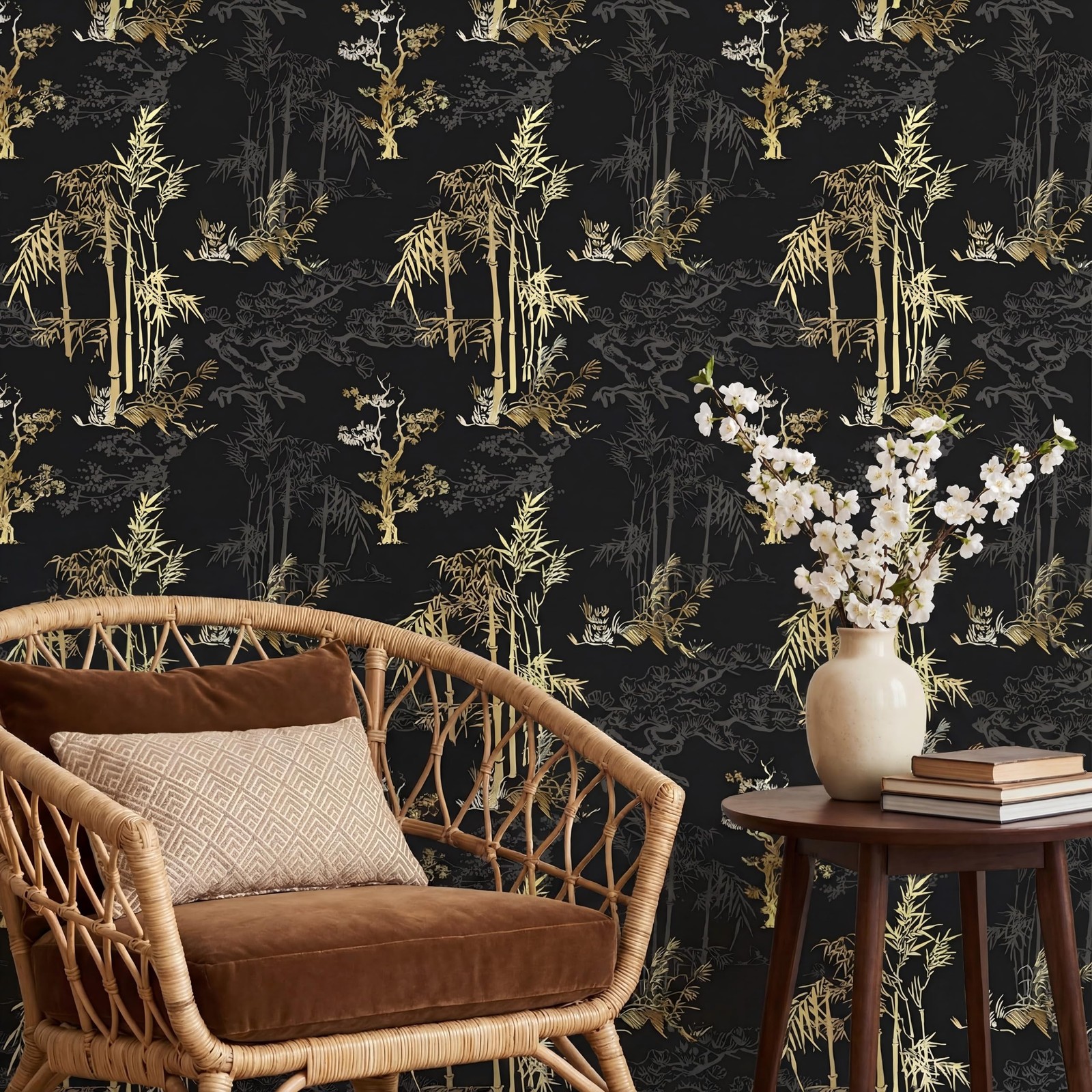 Vintage Wallpaper Peel and Stick 17" x 120" Black Gold Bamboo Forest Wallpape…