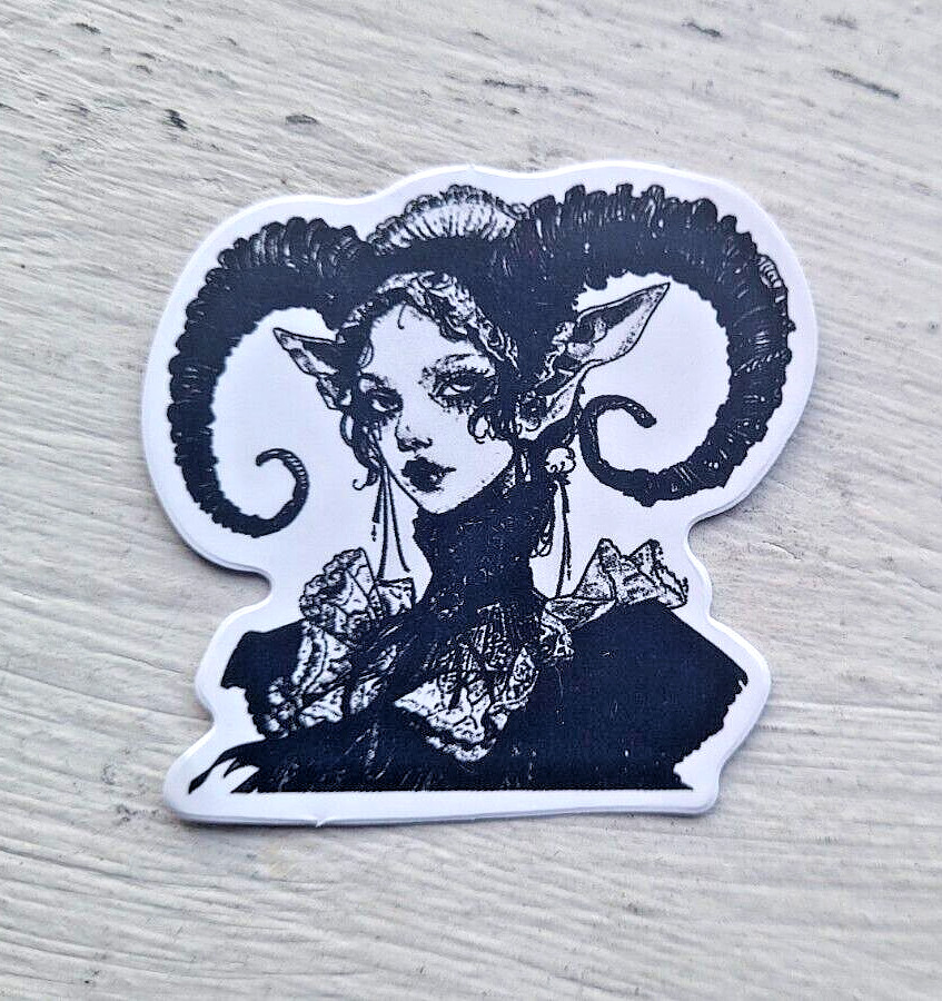 Haunted Doll Active Spirit Horror Demon Girl Horns Death Sticker White Black 1pc