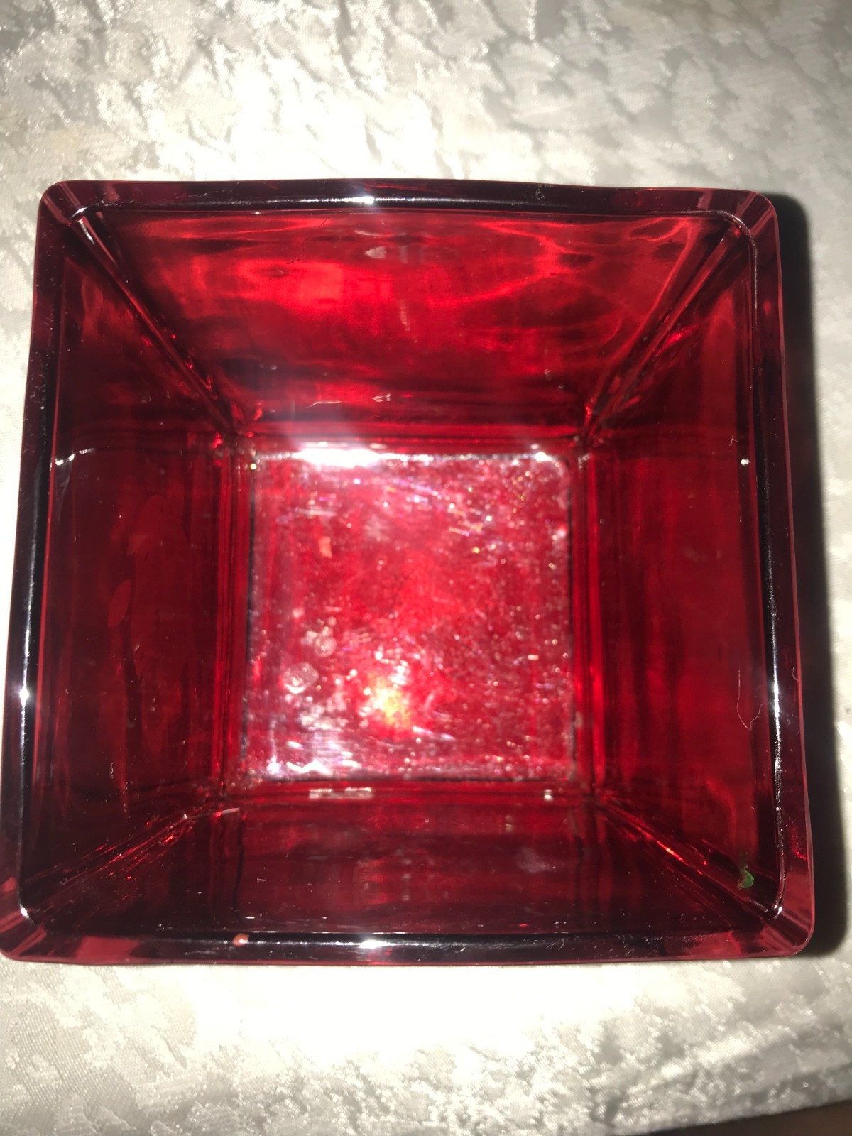 APPLE Inc. WHITE Iconic LOGO Red HEAVY Glass VASE Planter BOWL 4¾" SQUARE Cube