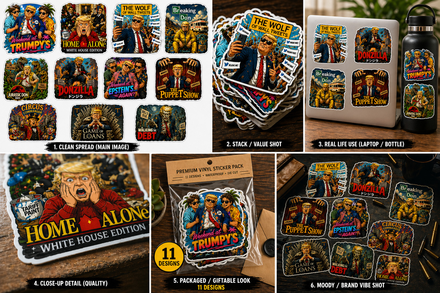 Funny Political Meme Sticker Pack (11 Designs) – Glossy 2” Stickers – Dark Humor